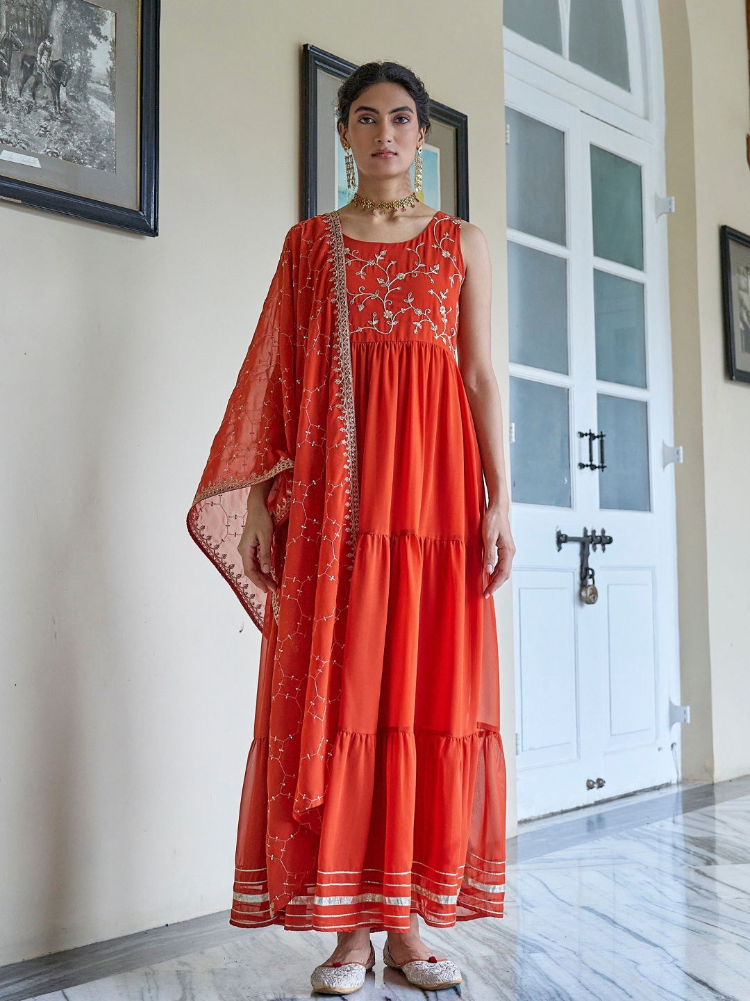 Orange Embroidered Tiered Anarkali Kurta with Dupatta set