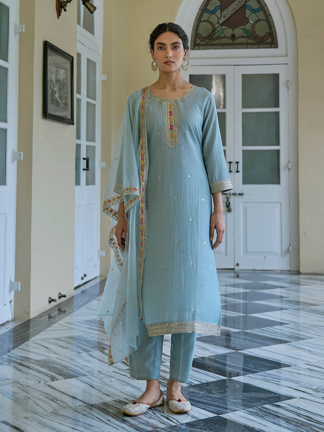 Sky Blue Embroidered chinon kurta with dupatta set