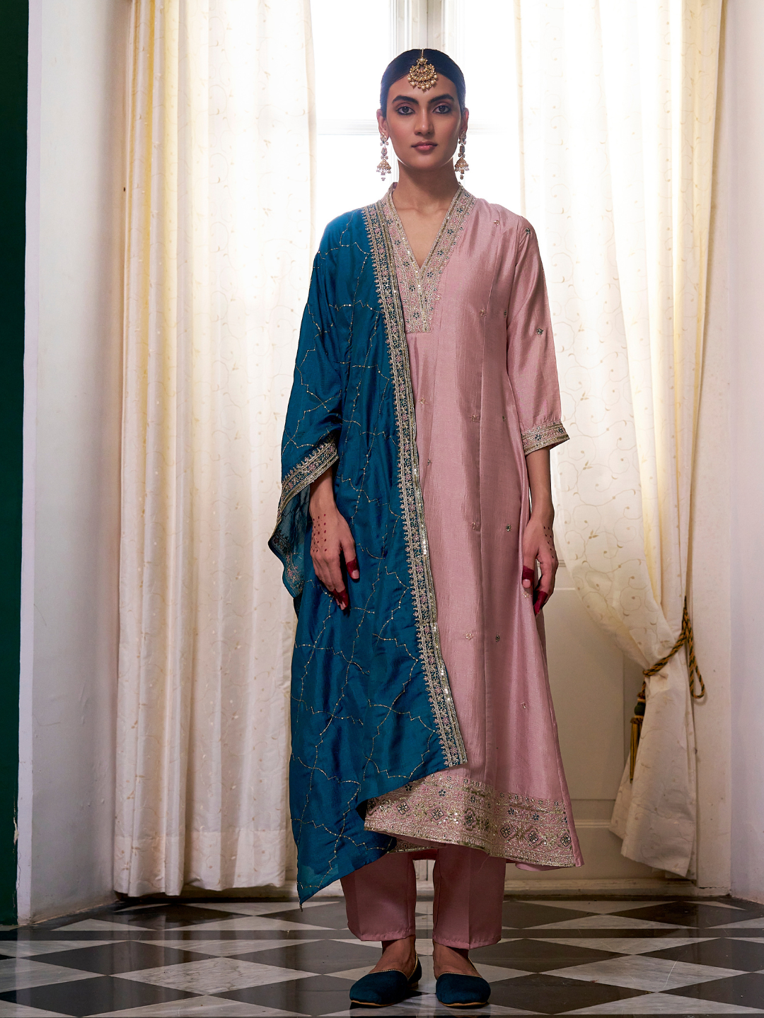 Pink Embroidered Silk Anarkali Kurta With Dupatta Set
