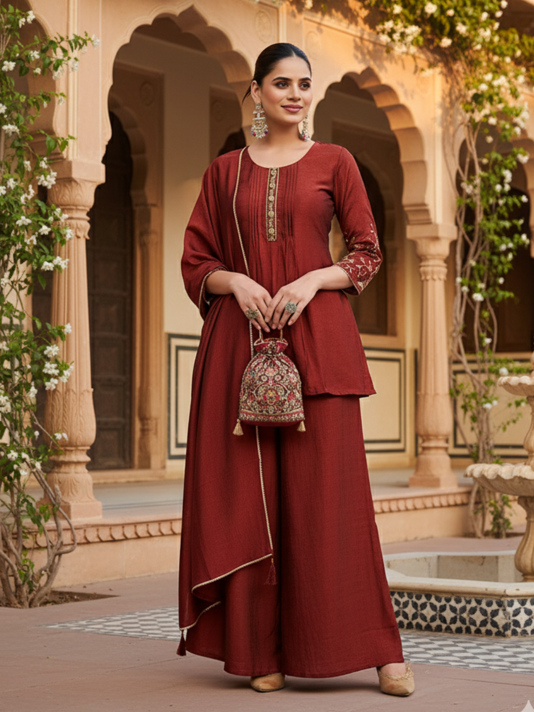 Brown Embroidered Peplum Top with Sharara Set