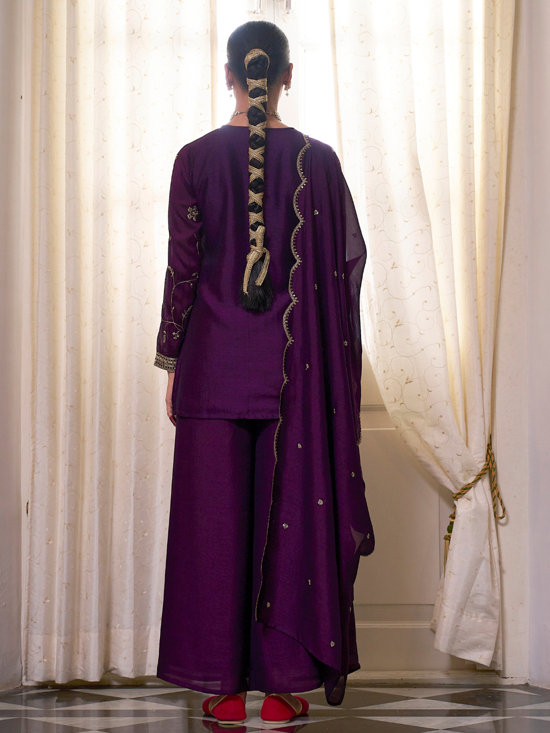Violet Embroidered Peplum Top with Sharara Set