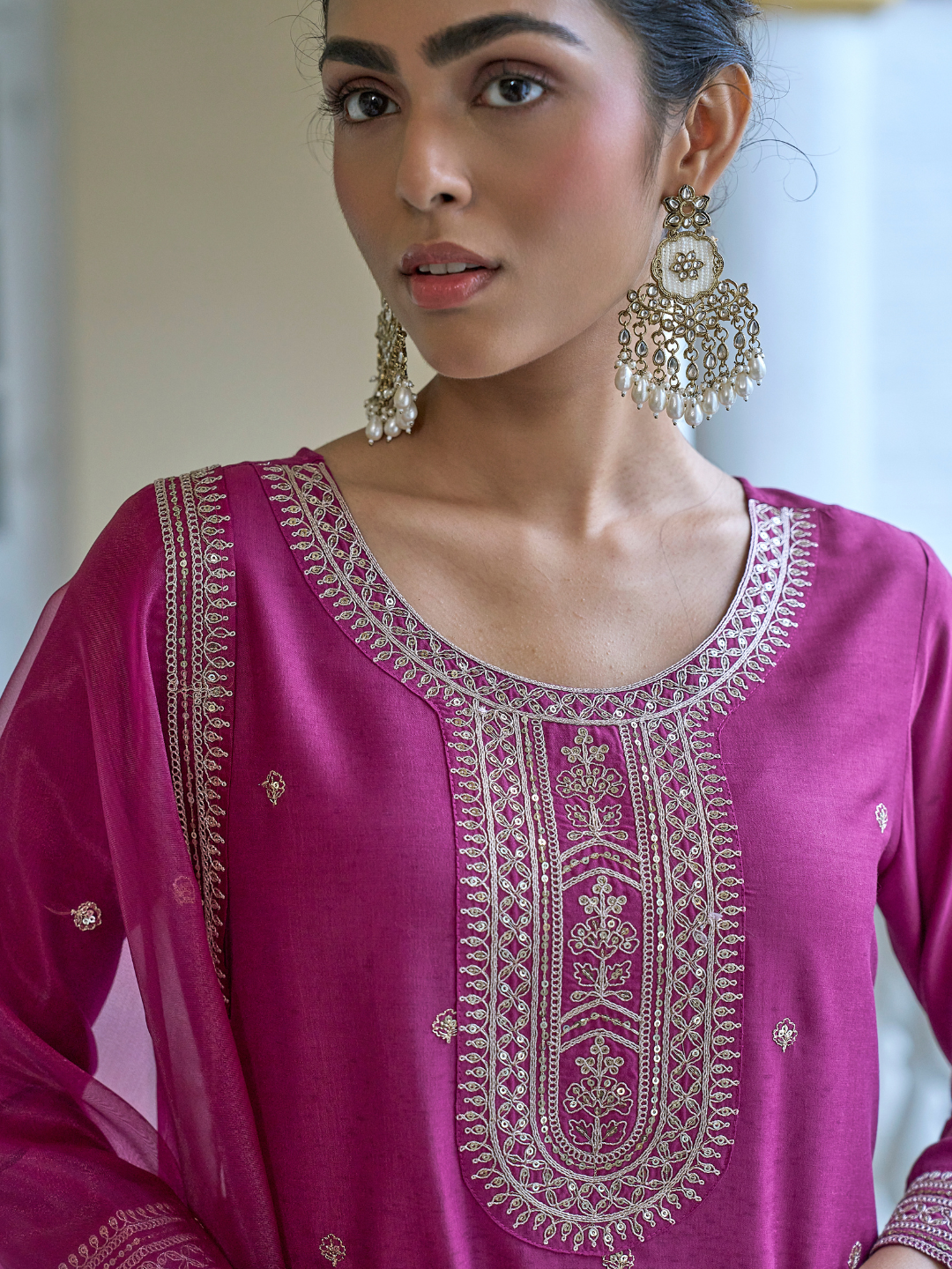 Onion Chinon solid Embroidered Kurta set with dupatta for women