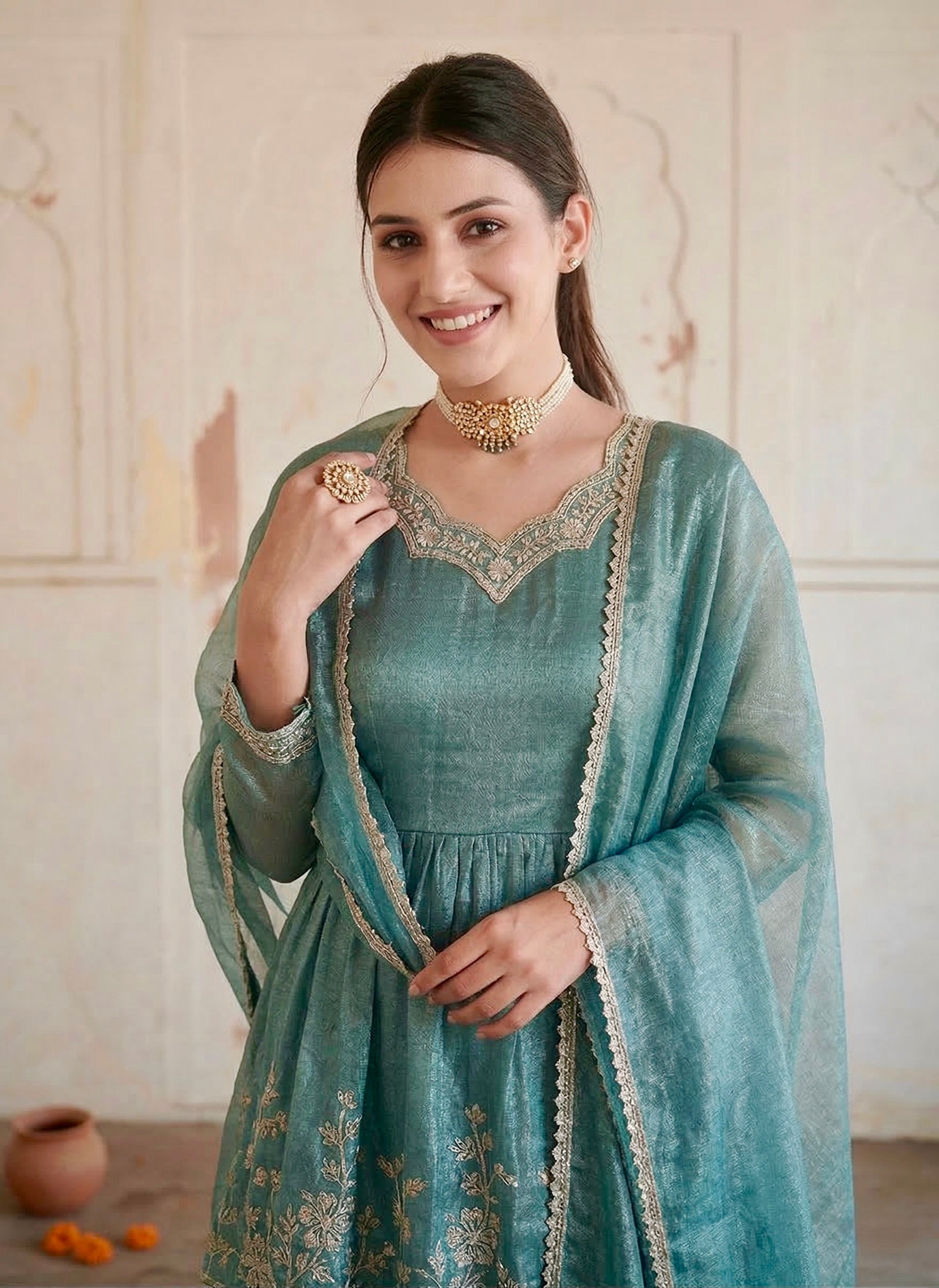 Blue Embroidered Sharara Suit for Women