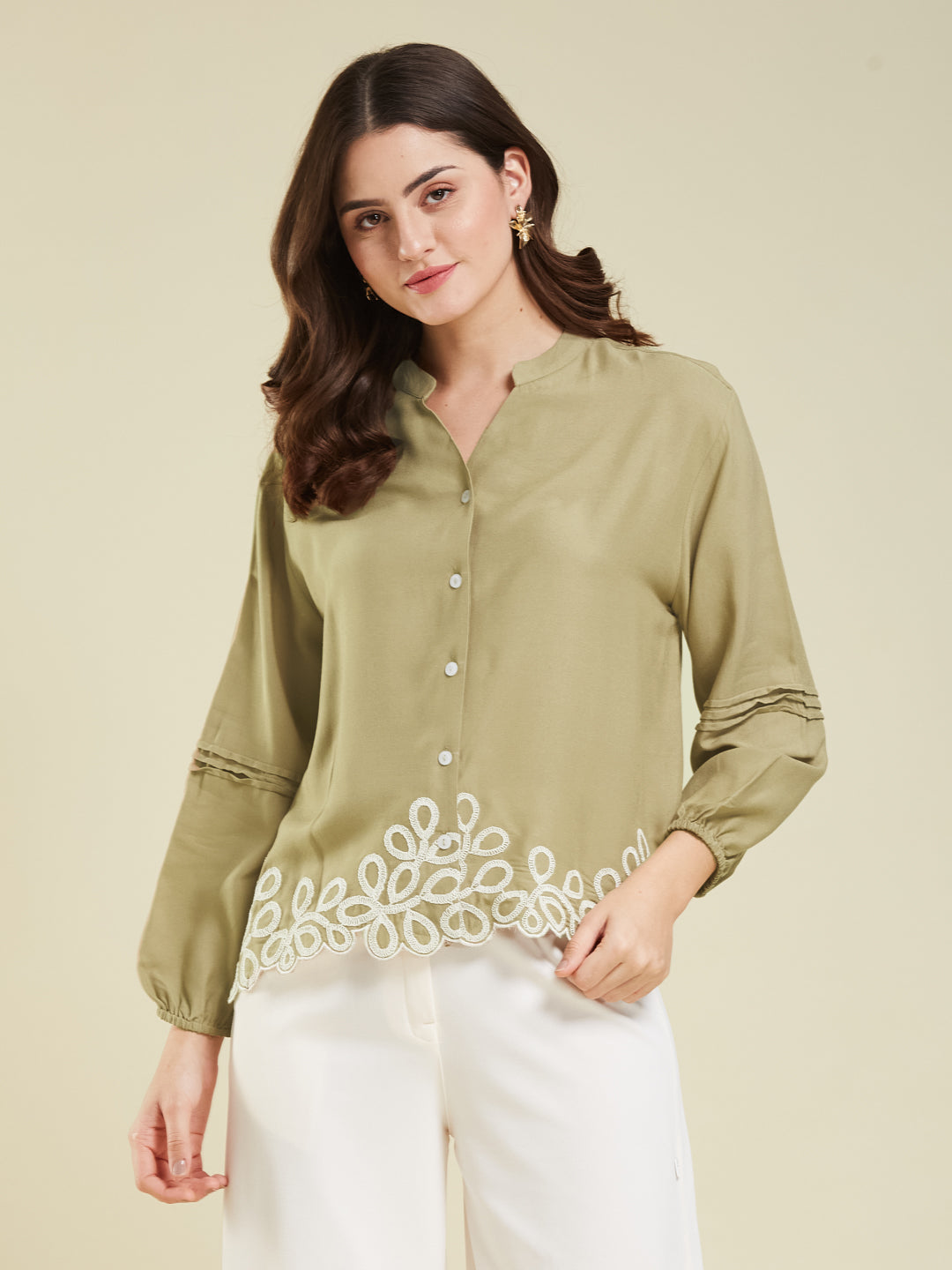 Khaki Embroidered Full Sleeves Regular Rayon Shirt