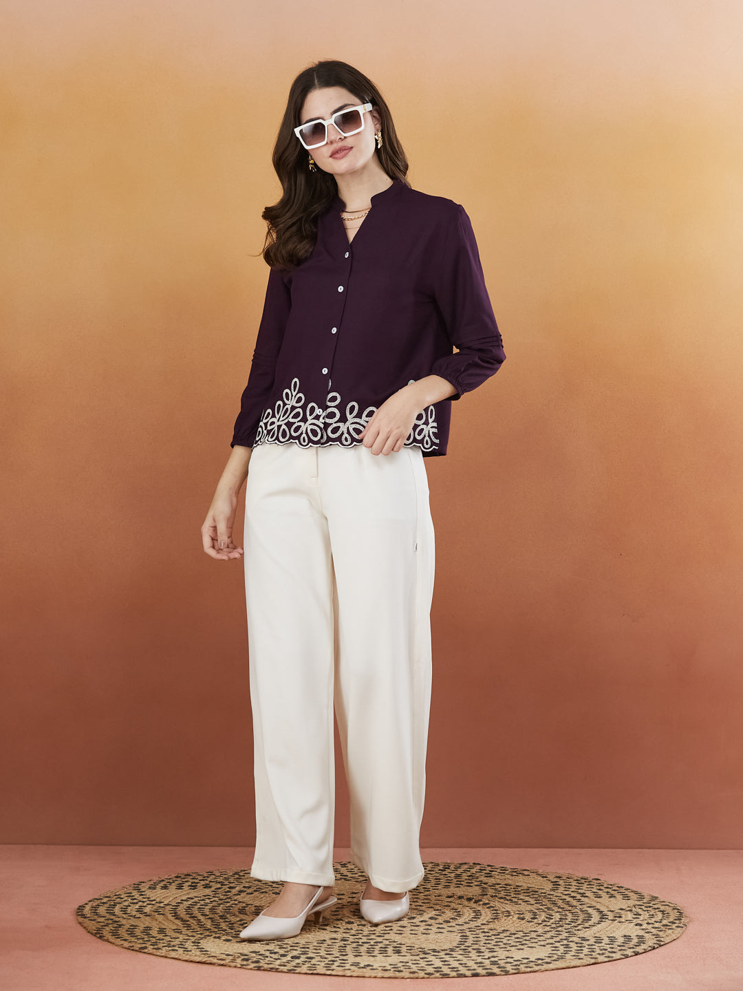 Wine Embroidered Full Sleeves Regular Rayon Shirt
