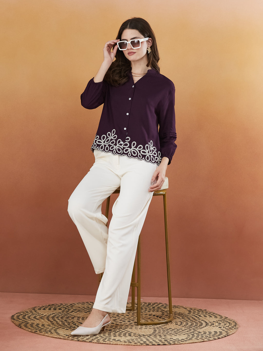 Wine Embroidered Full Sleeves Regular Rayon Shirt