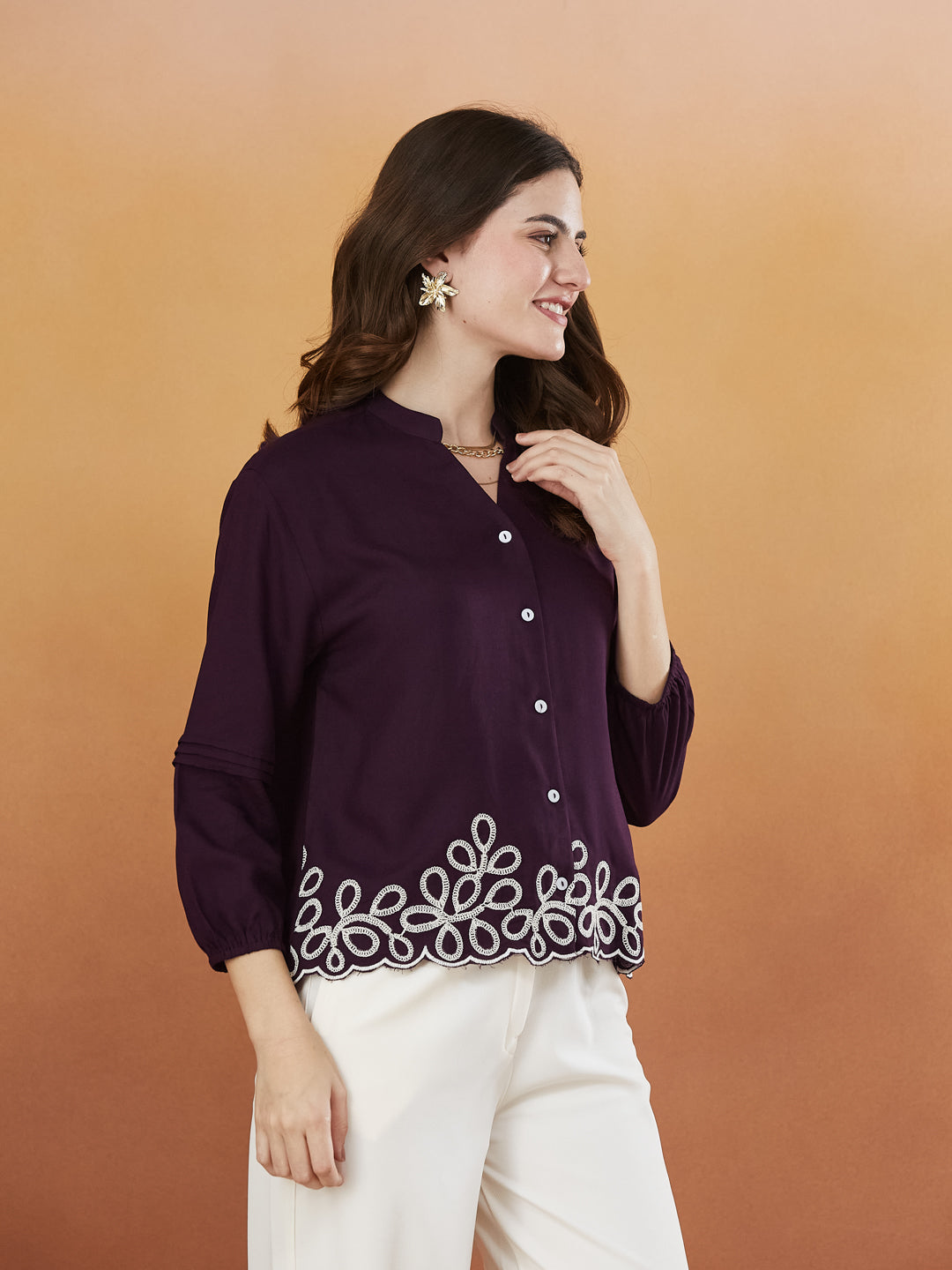 Wine Embroidered Full Sleeves Regular Rayon Shirt