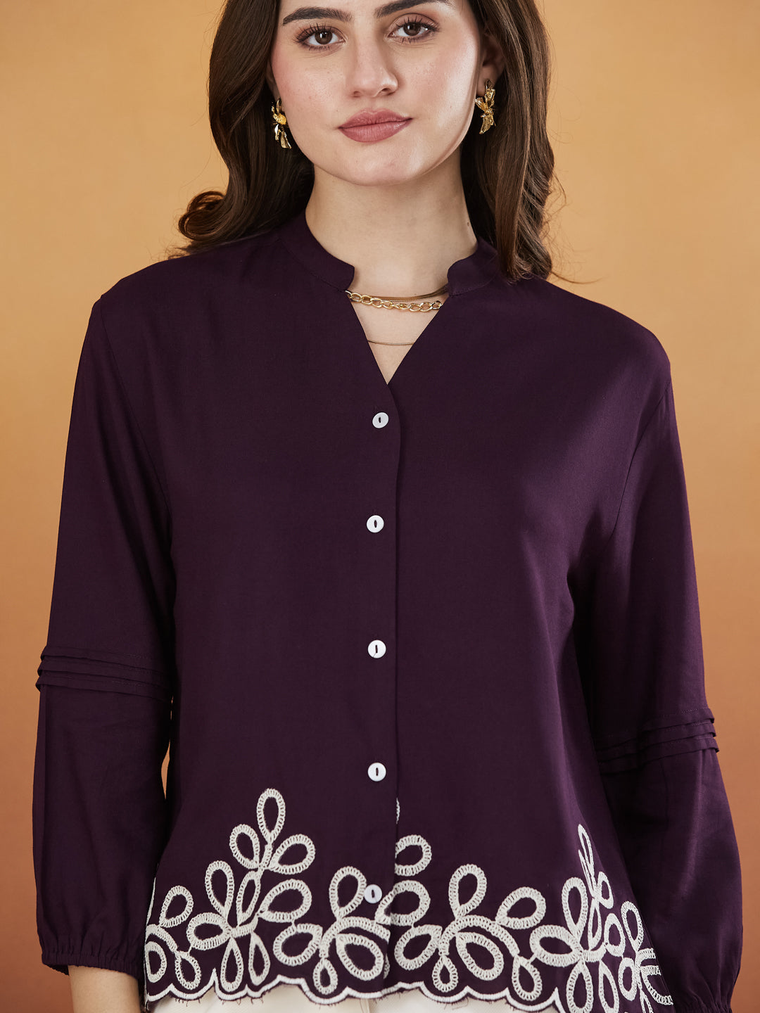 Wine Embroidered Full Sleeves Regular Rayon Shirt