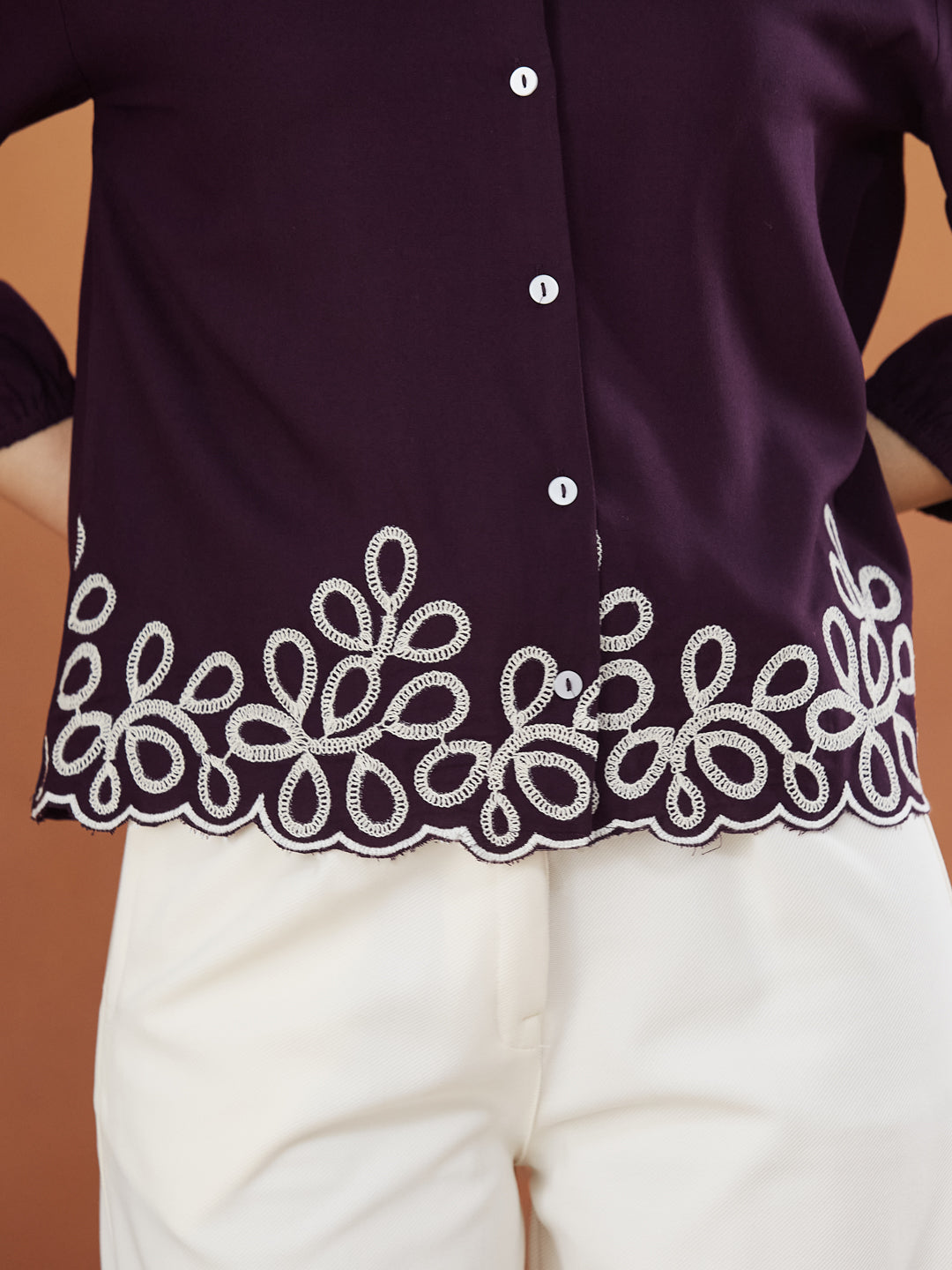Wine Embroidered Full Sleeves Regular Rayon Shirt