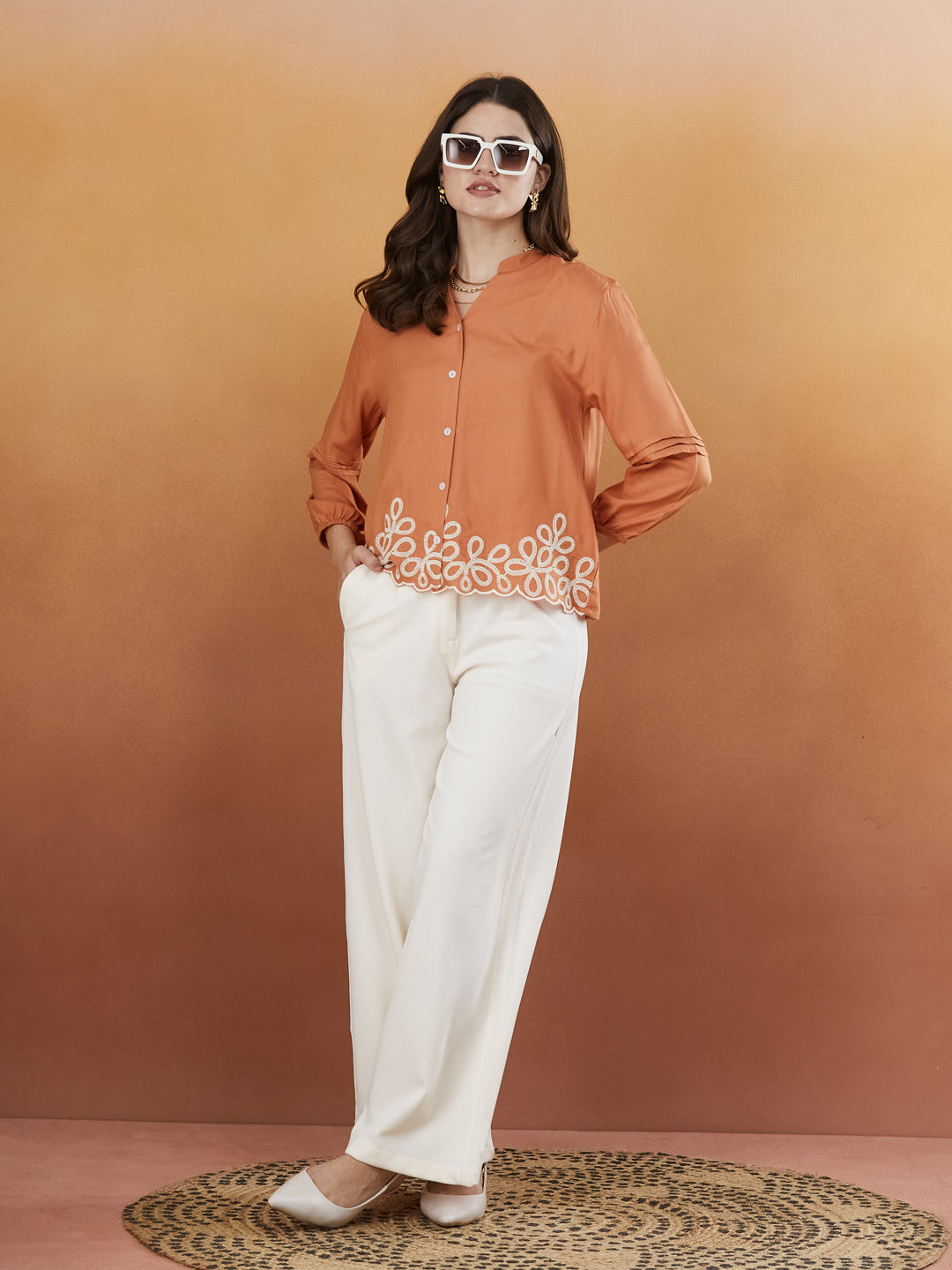 Peach Embroidered Full Sleeves Regular Rayon Shirt