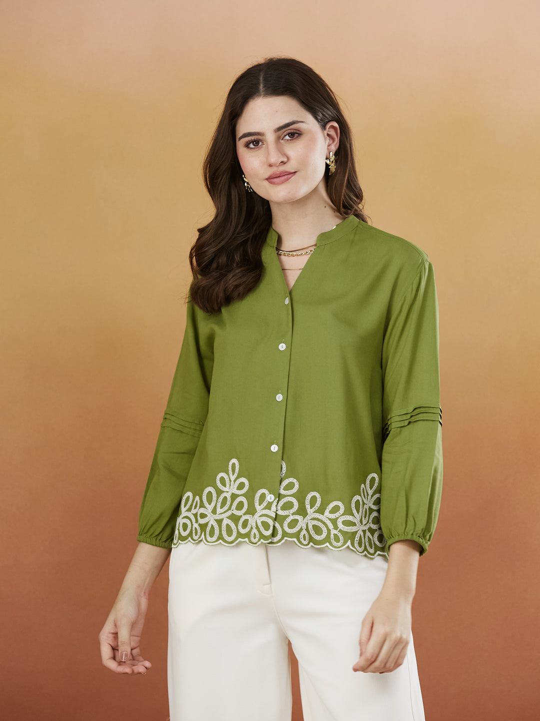 Green Embroidered Full Sleeves Regular Rayon Shirt