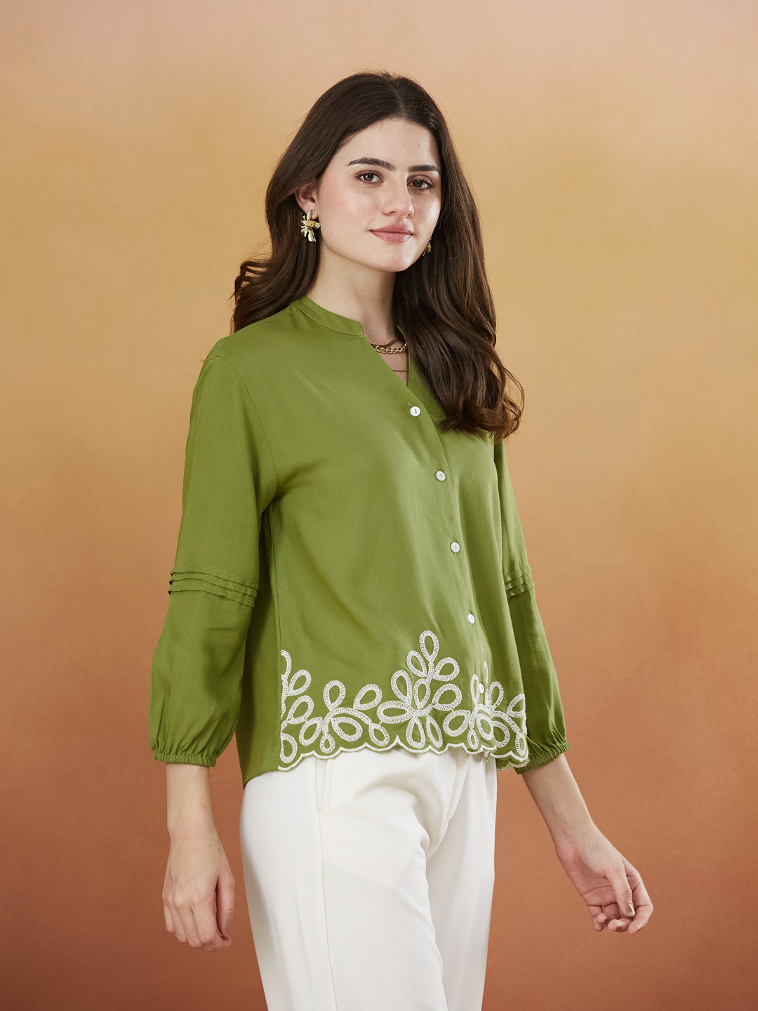 Green Embroidered Full Sleeves Regular Rayon Shirt