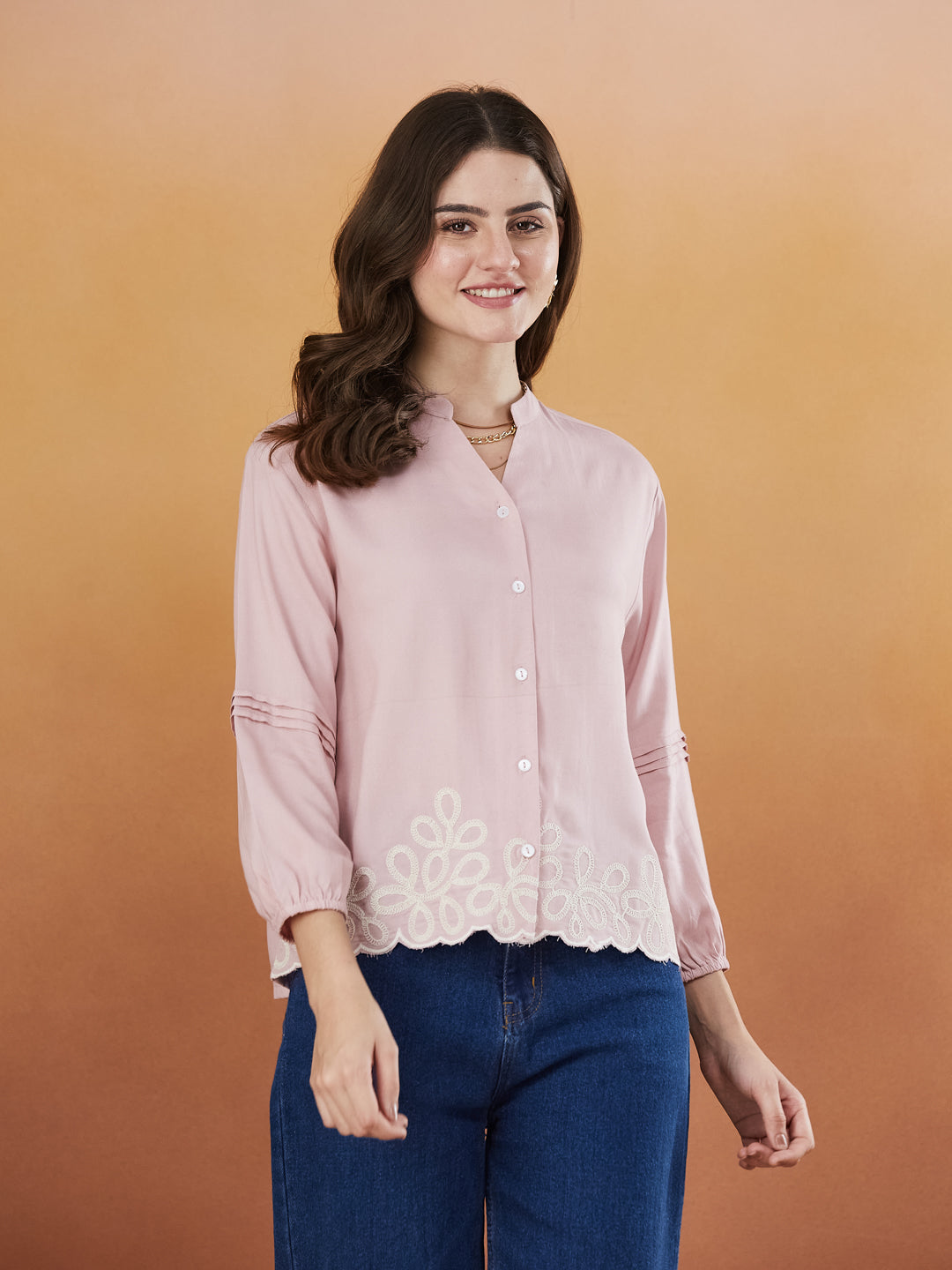 Pink Embroidered Full Sleeves Regular Rayon Shirt