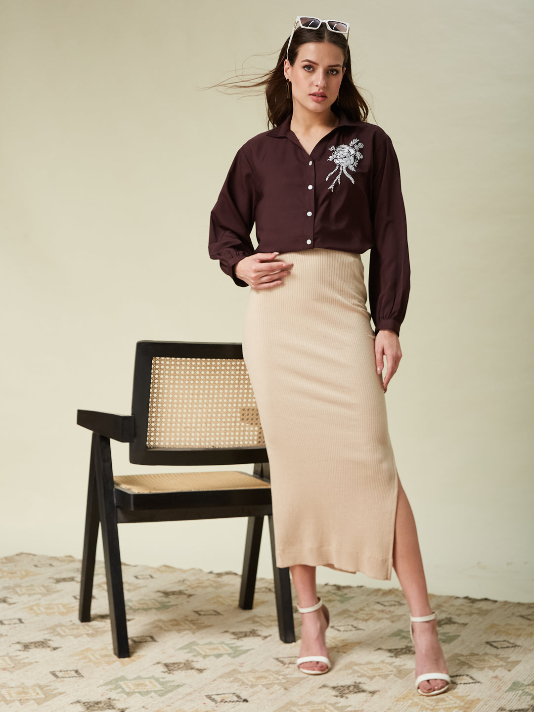 Coffee Embroidered Full Sleeve Shirt for Women