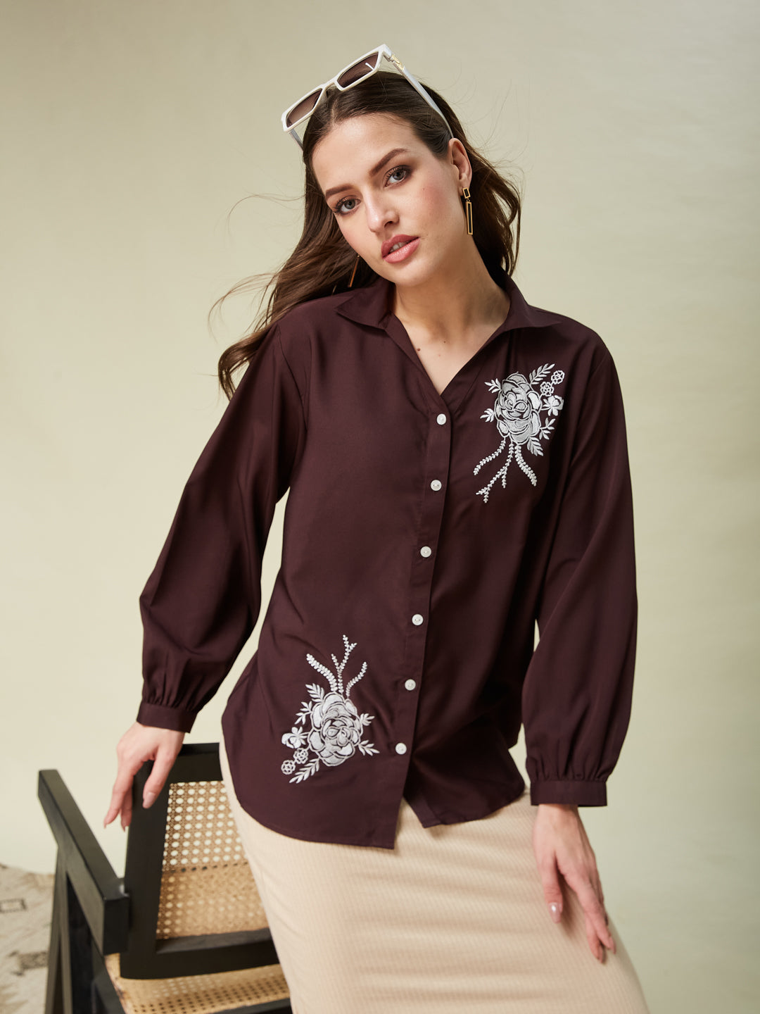 Coffee Embroidered Full Sleeve Shirt for Women