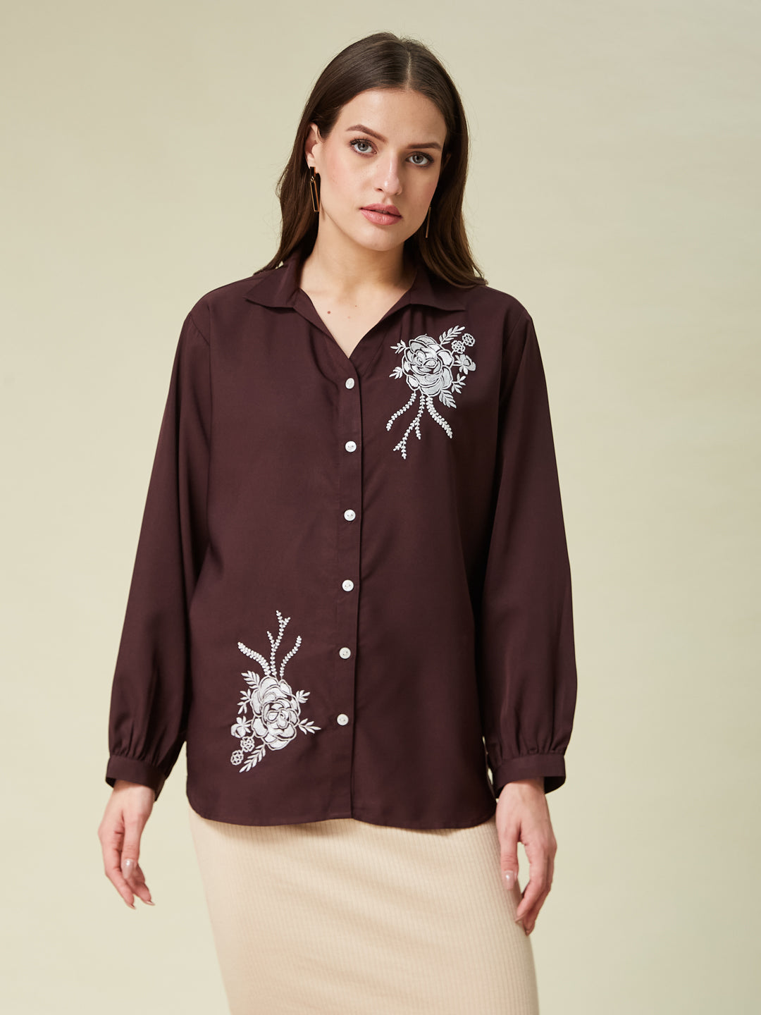 Coffee Embroidered Full Sleeve Shirt for Women