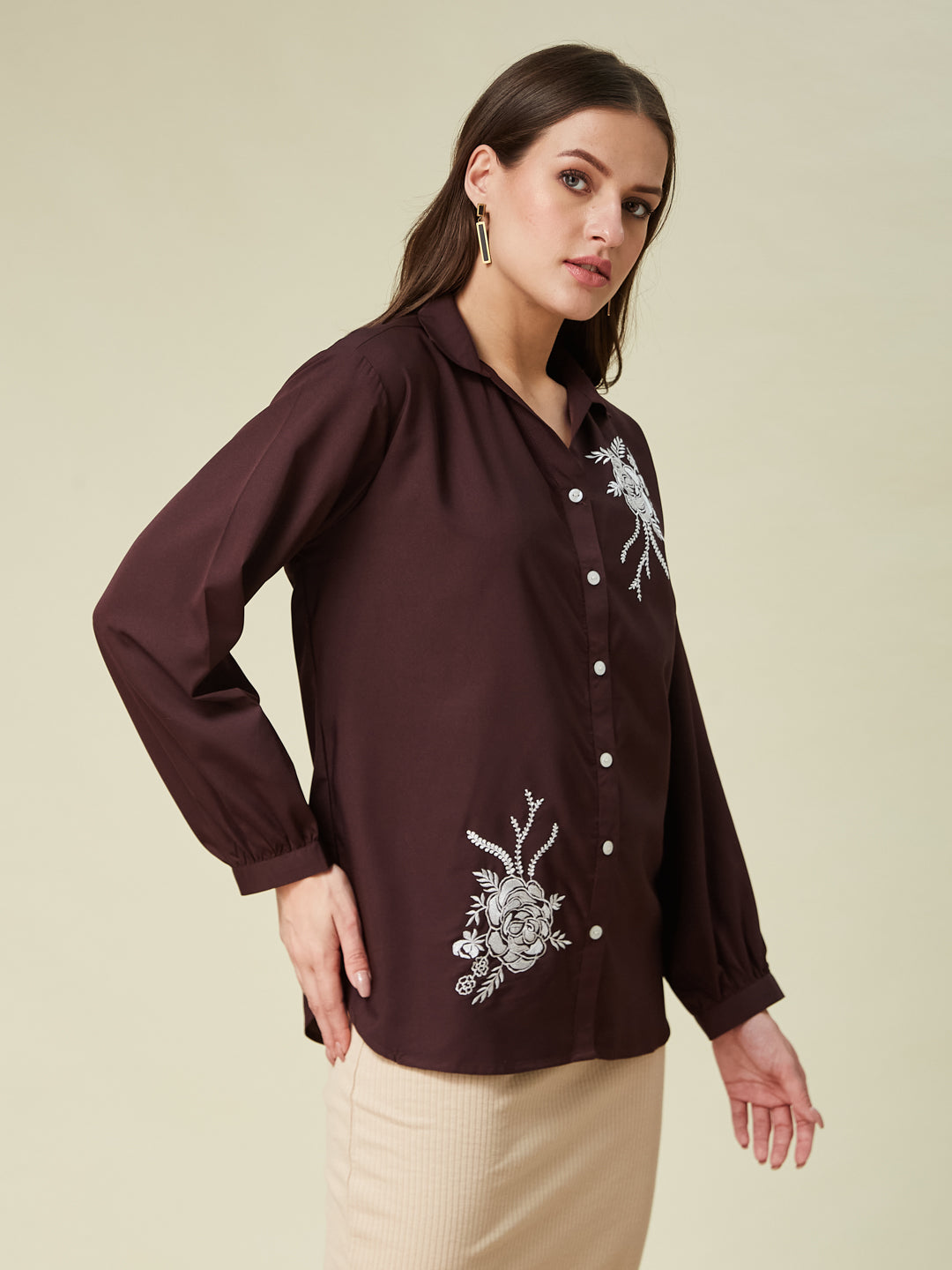 Coffee Embroidered Full Sleeve Shirt for Women