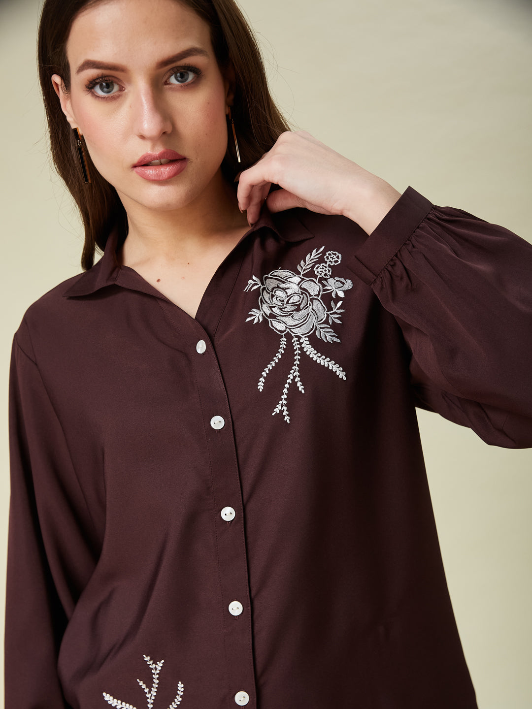 Coffee Embroidered Full Sleeve Shirt for Women