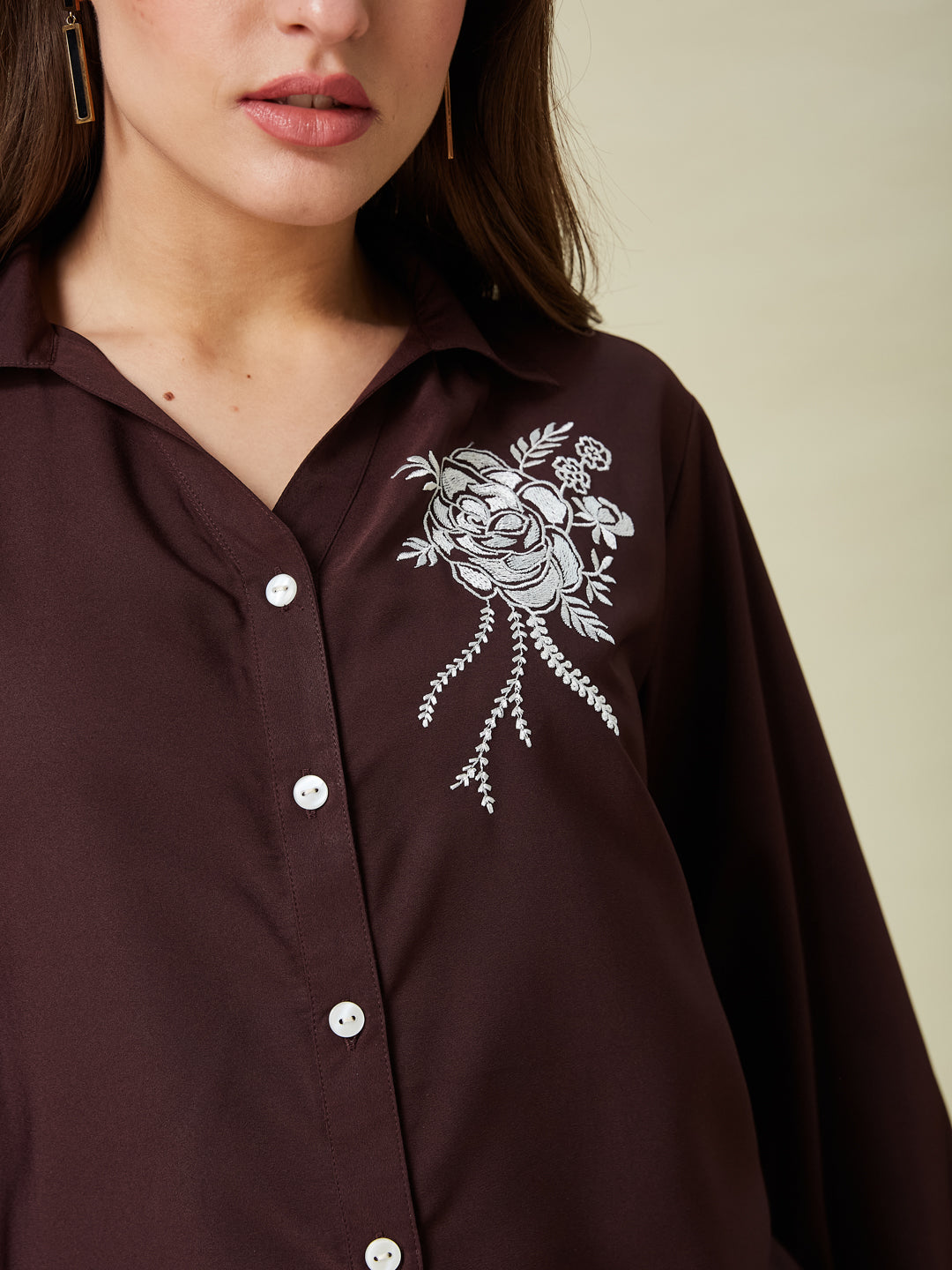 Coffee Embroidered Full Sleeve Shirt for Women