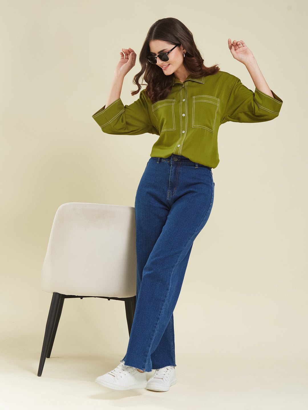 Olive Crepe Plain Regular shirt for woman