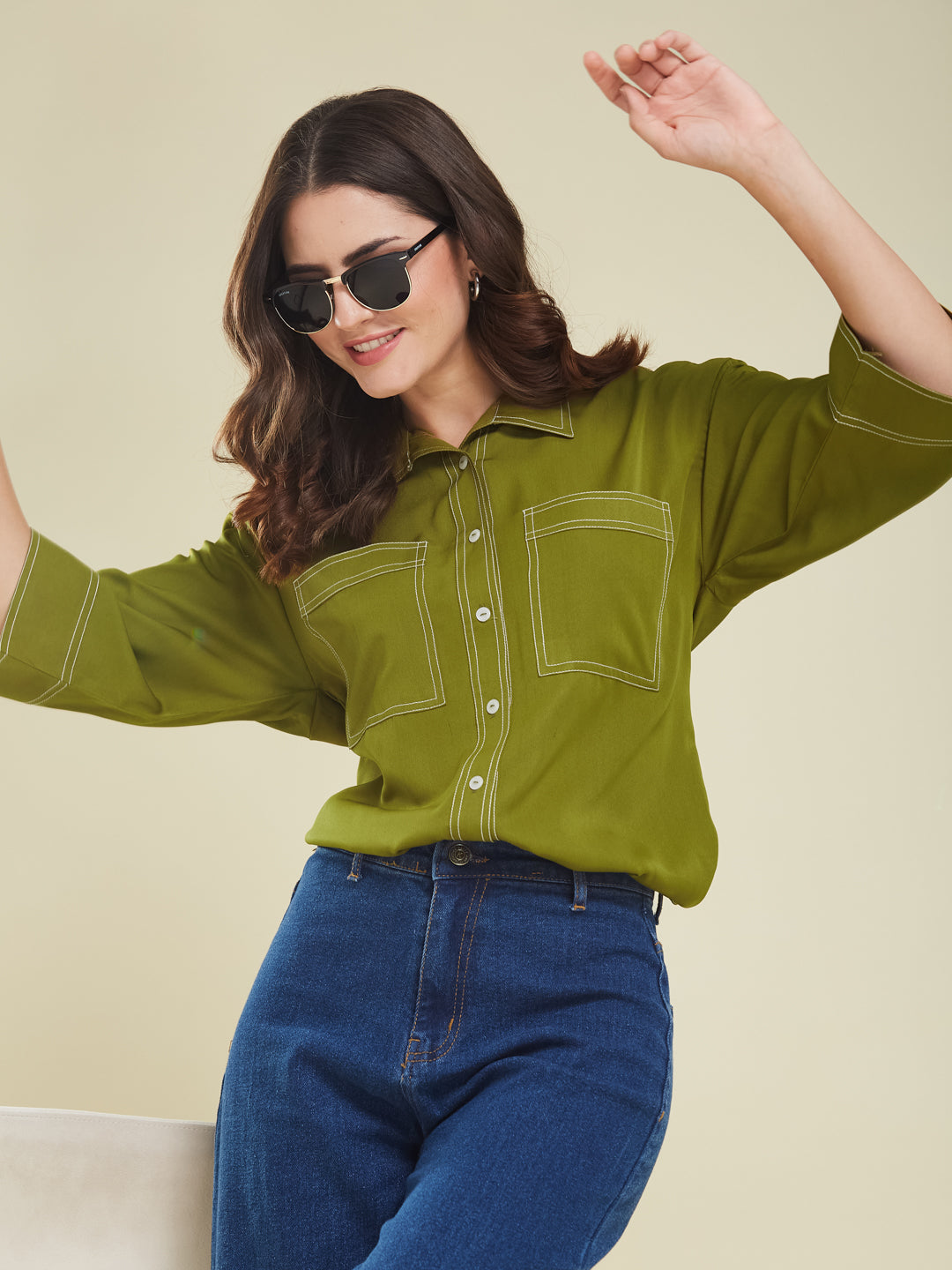Olive Crepe Plain Regular shirt for woman