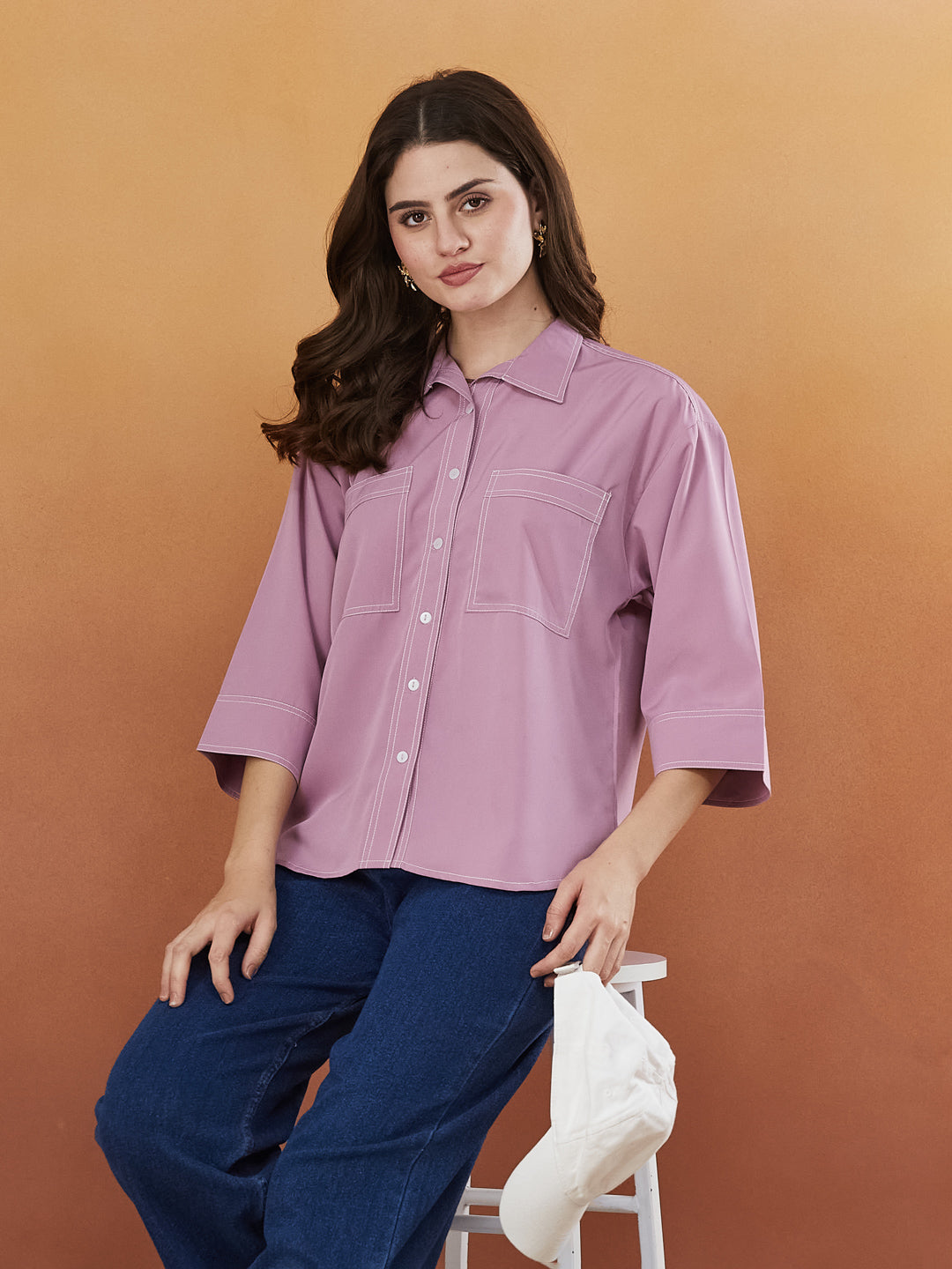 Pink Crepe Plain Regular shirt for woman