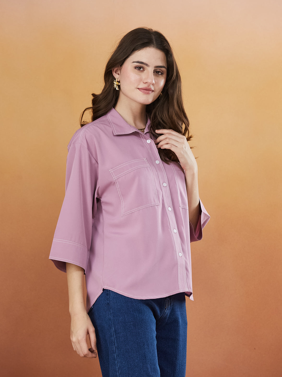 Pink Crepe Plain Regular shirt for woman