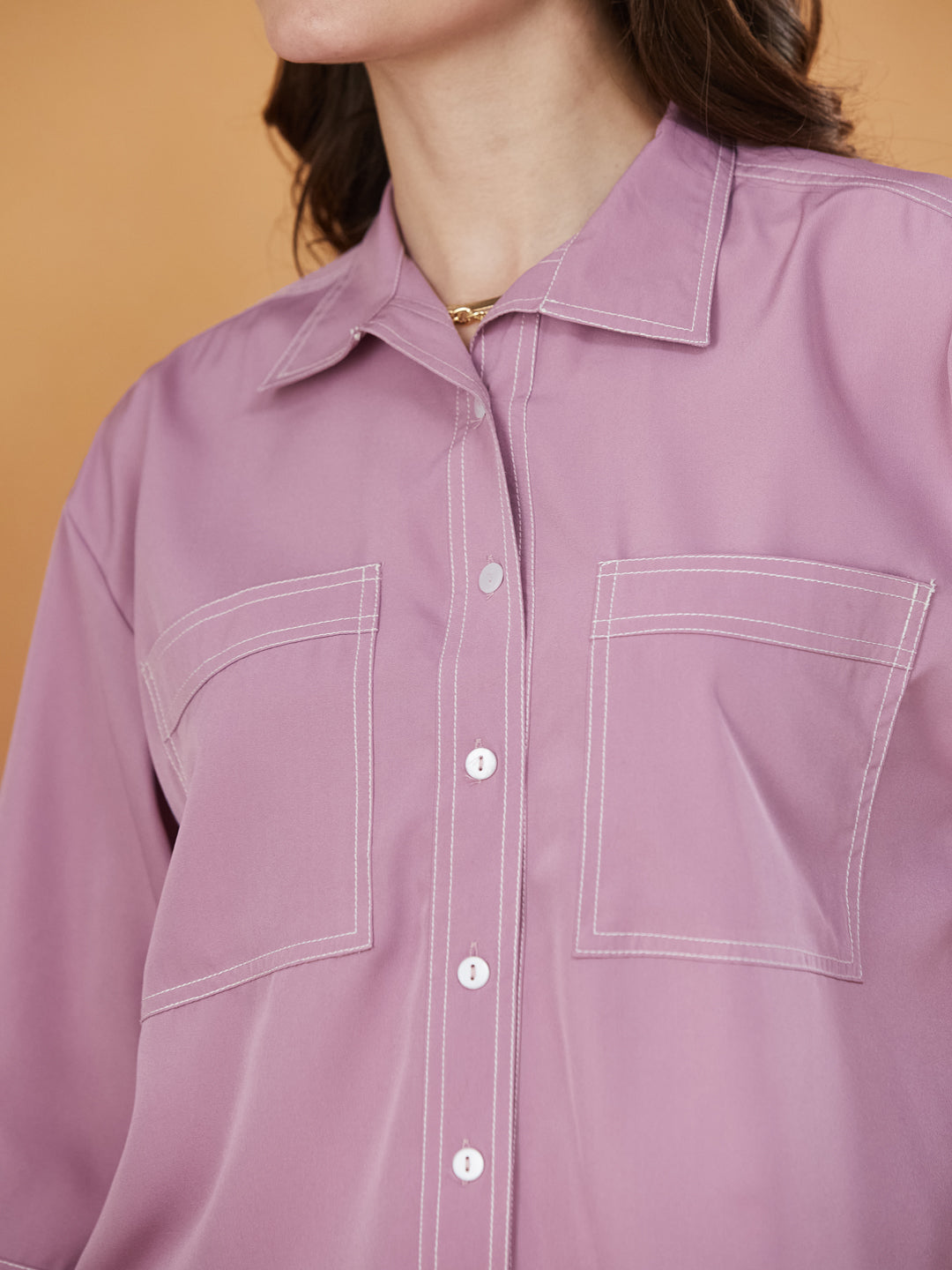 Pink Crepe Plain Regular shirt for woman
