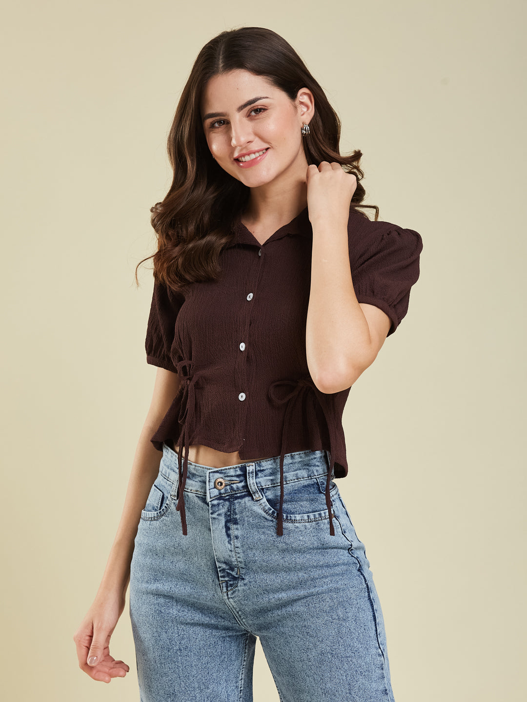 Coffee Polyster Plain Regular shirt for woman