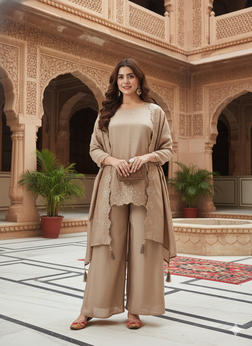 Grey Silk Embroidered Suit with Palazzo Set for Women