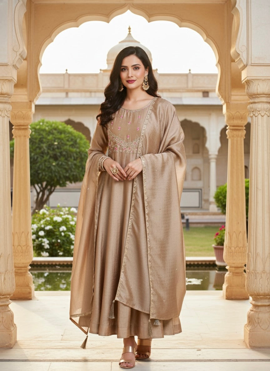 Grey Embroidered Silk Anarkali Kurta With Dupatta Set