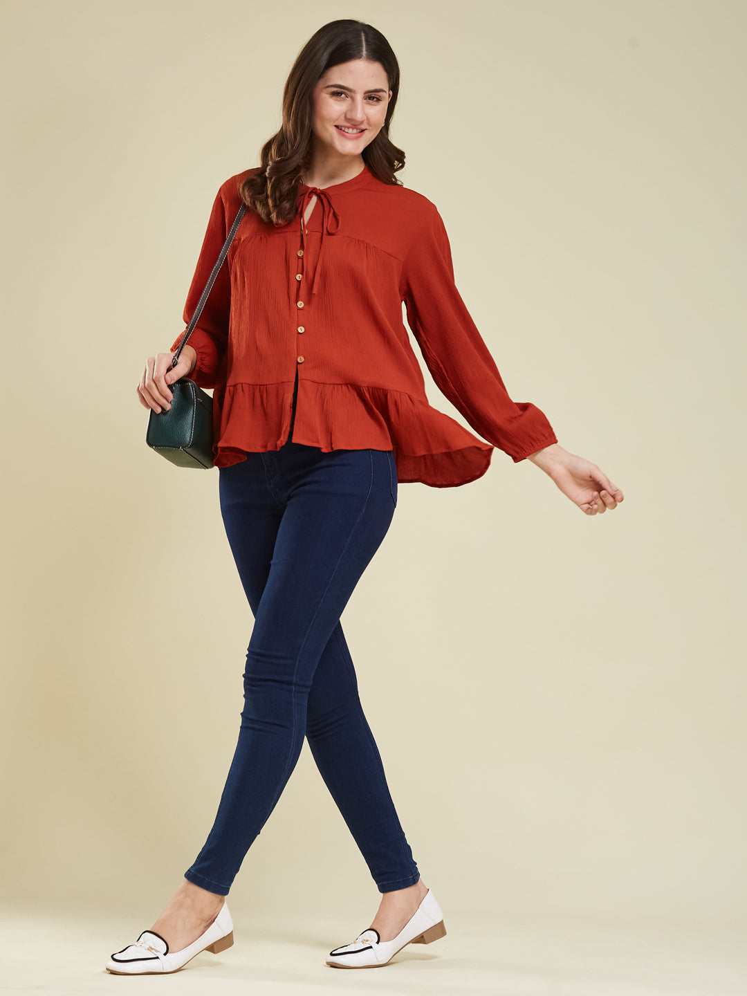 Rust Crinkled Peplum Top with Tie-Up Neck