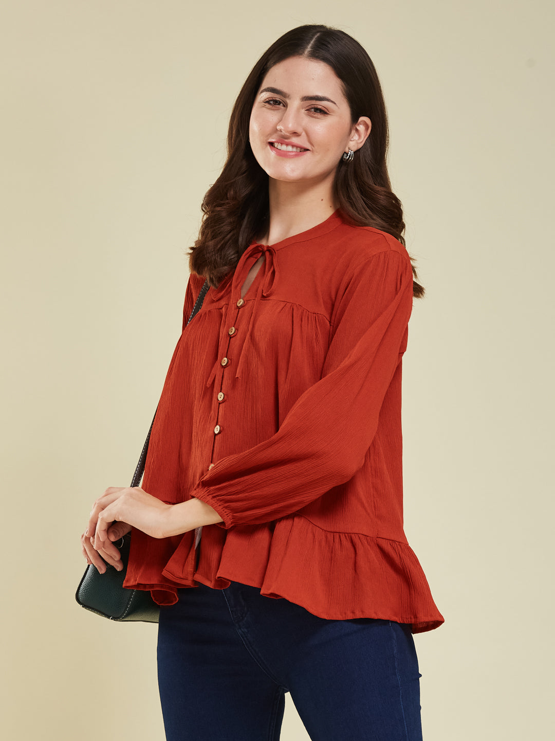 Rust Crinkled Peplum Top with Tie-Up Neck
