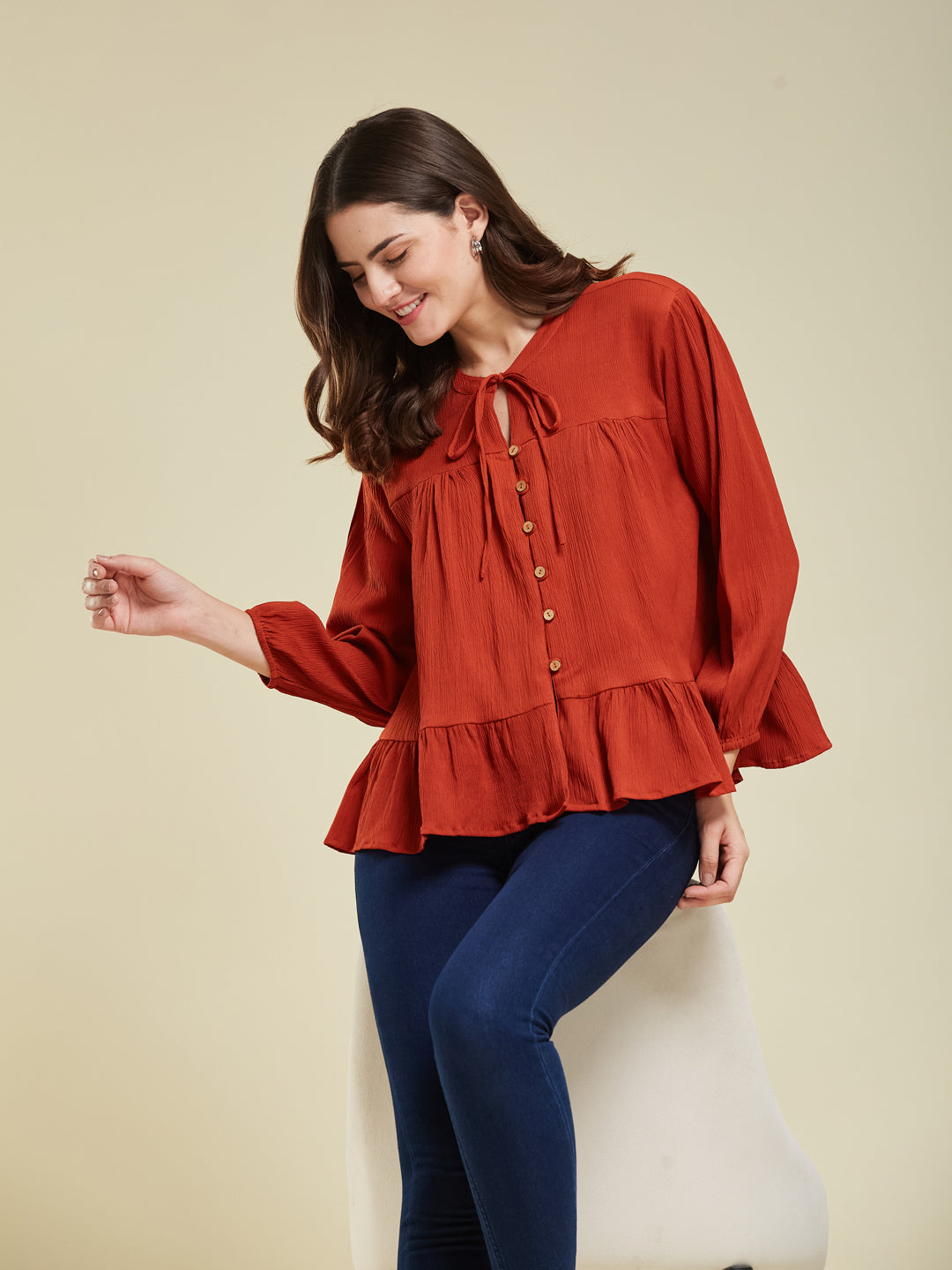 Rust Crinkled Peplum Top with Tie-Up Neck