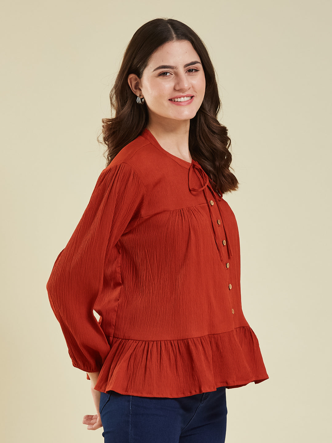 Rust Crinkled Peplum Top with Tie-Up Neck