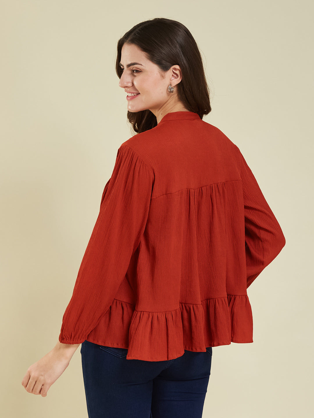 Rust Crinkled Peplum Top with Tie-Up Neck