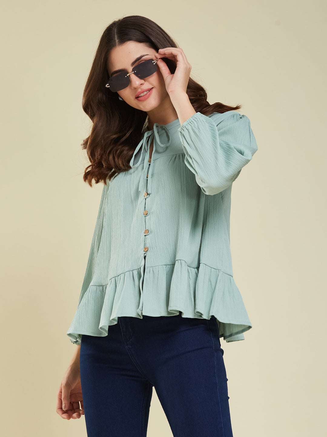Aqua blue Crinkled Peplum Top with Tie-Up Neck