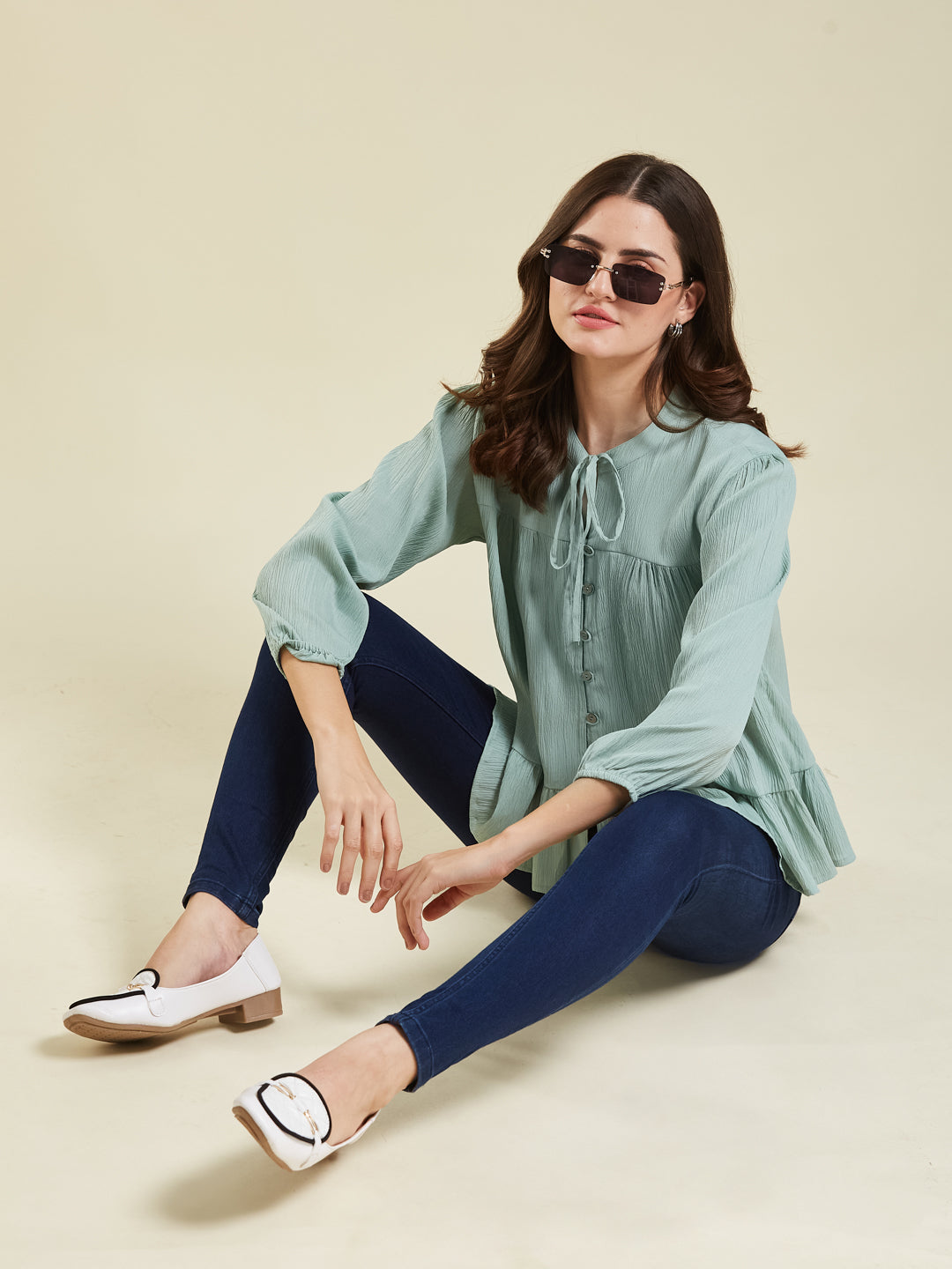 Aqua blue Crinkled Peplum Top with Tie-Up Neck