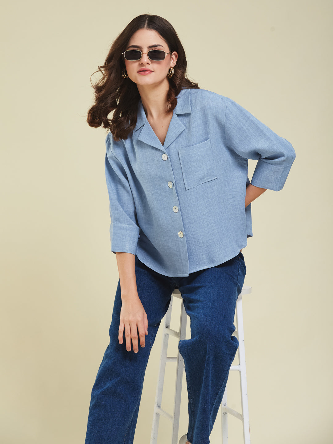 Women Denim Blue Cotton Blend Plain Regular 3/4 Sleeve Shirt