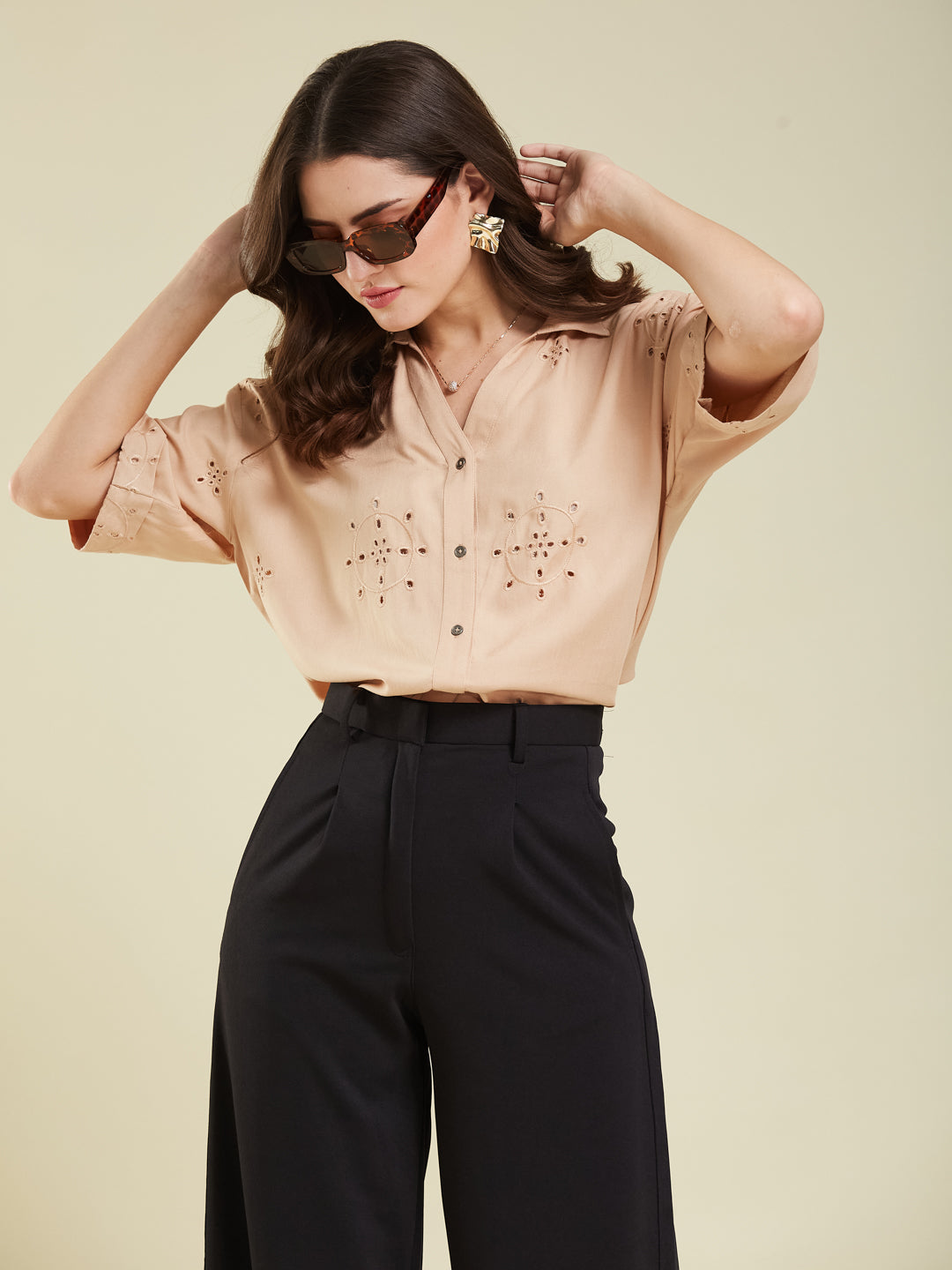 Beige Casual Printed Shirt in Cotton Blend Fabric for Women
