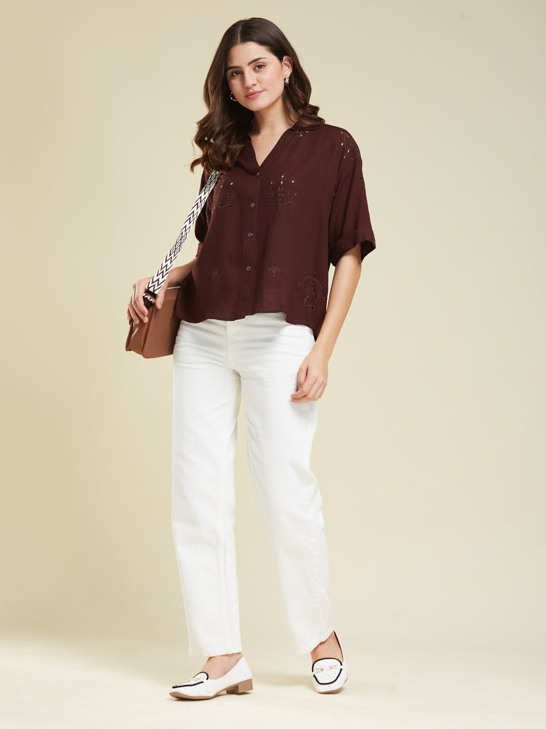 Coffee Casual Printed Shirt in Cotton Blend Fabric for Women