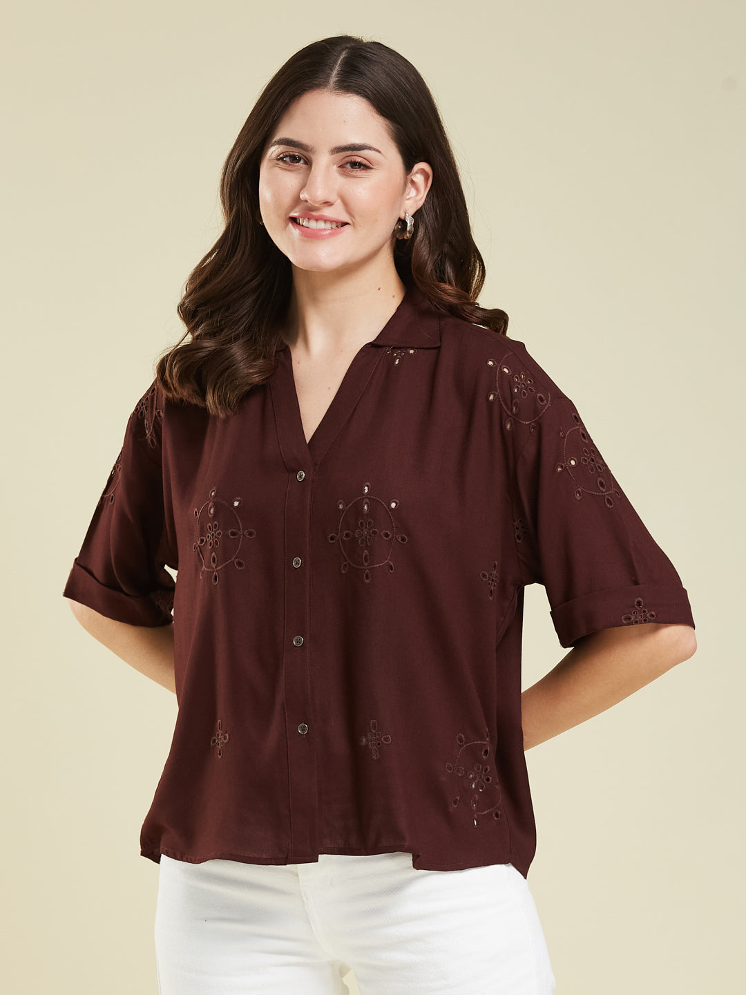 Coffee Casual Printed Shirt in Cotton Blend Fabric for Women