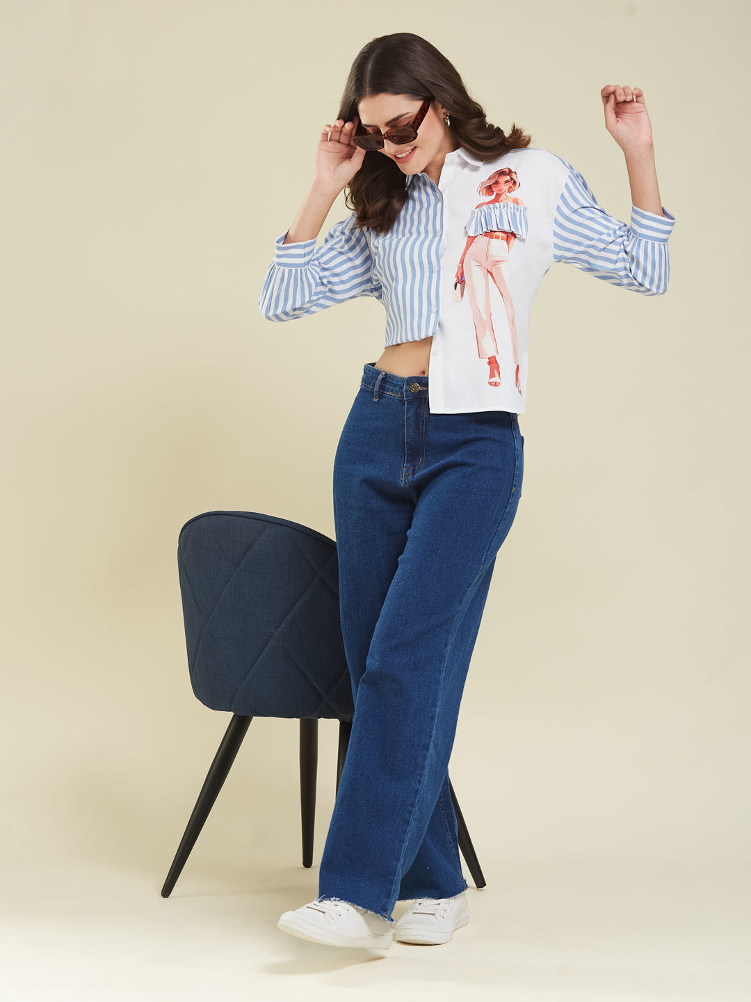 Blue Striped & Graphic Print Cotton Shirt for Women