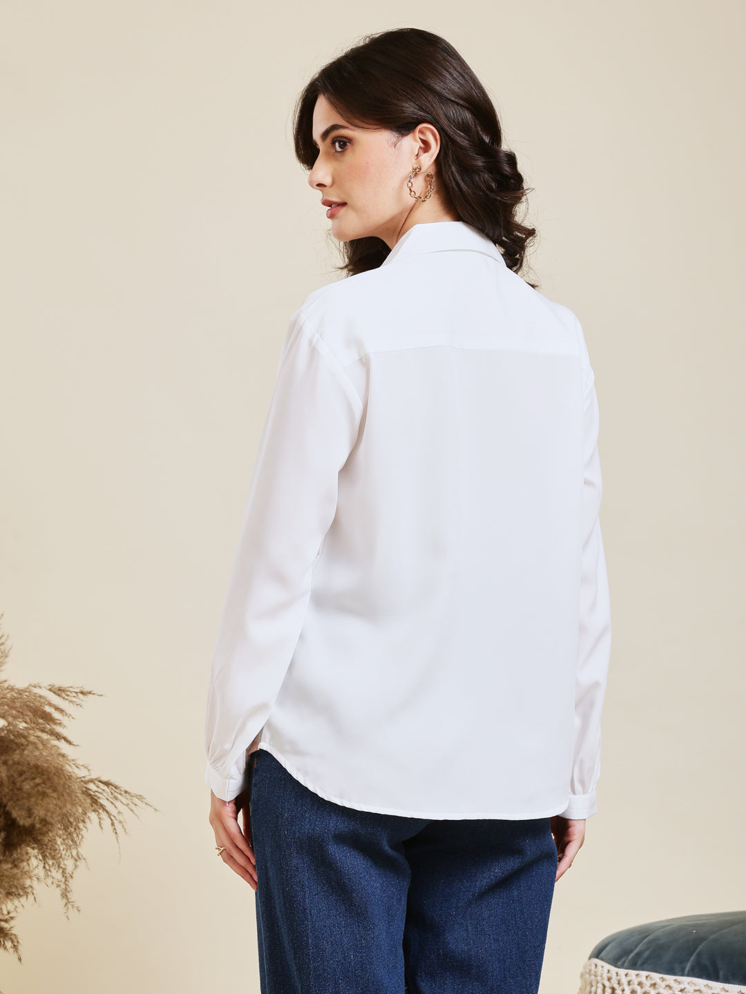 White Embroidered Full Sleeves Regular Crepe Shirt