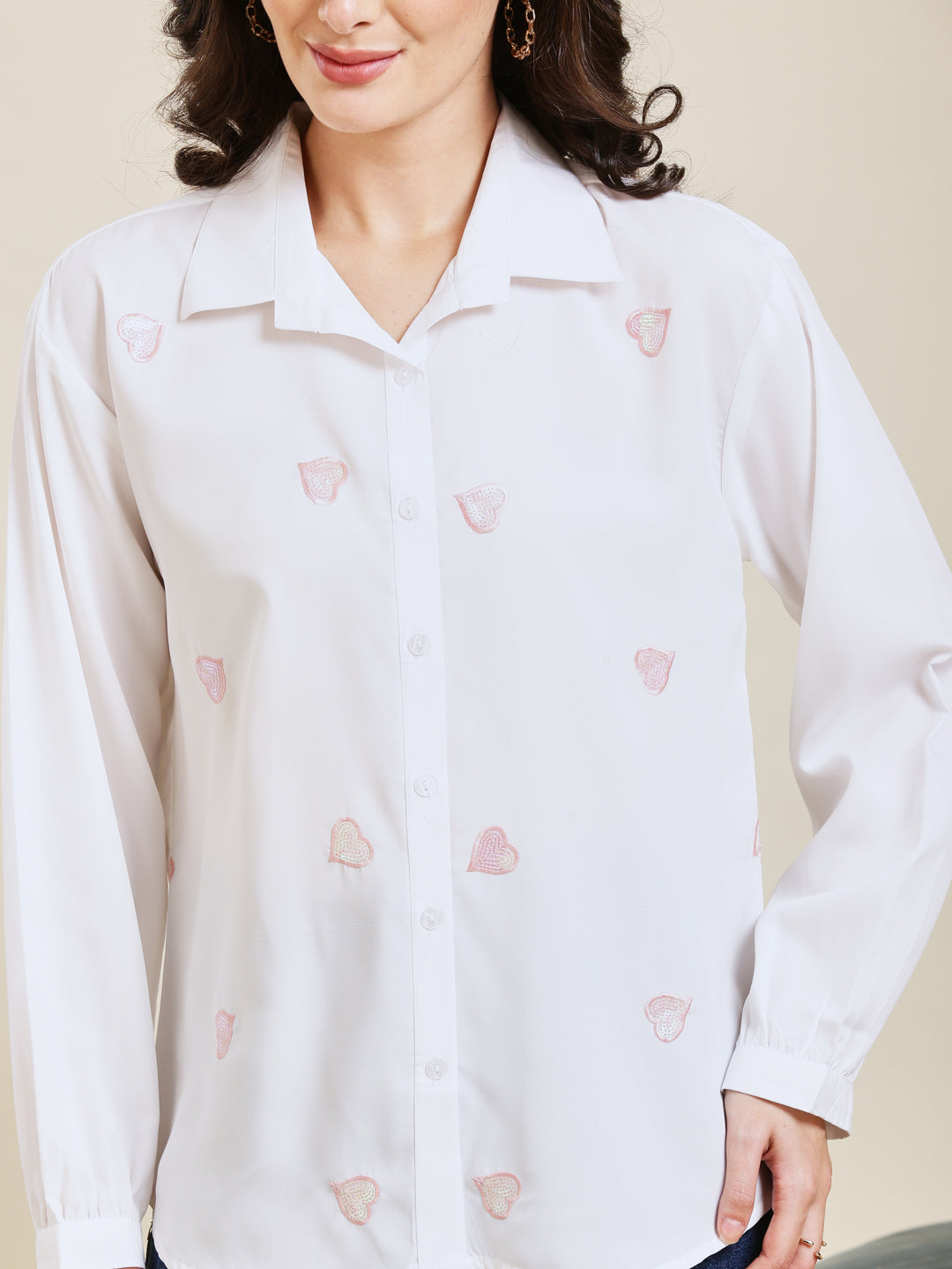 White Embroidered Full Sleeves Regular Crepe Shirt
