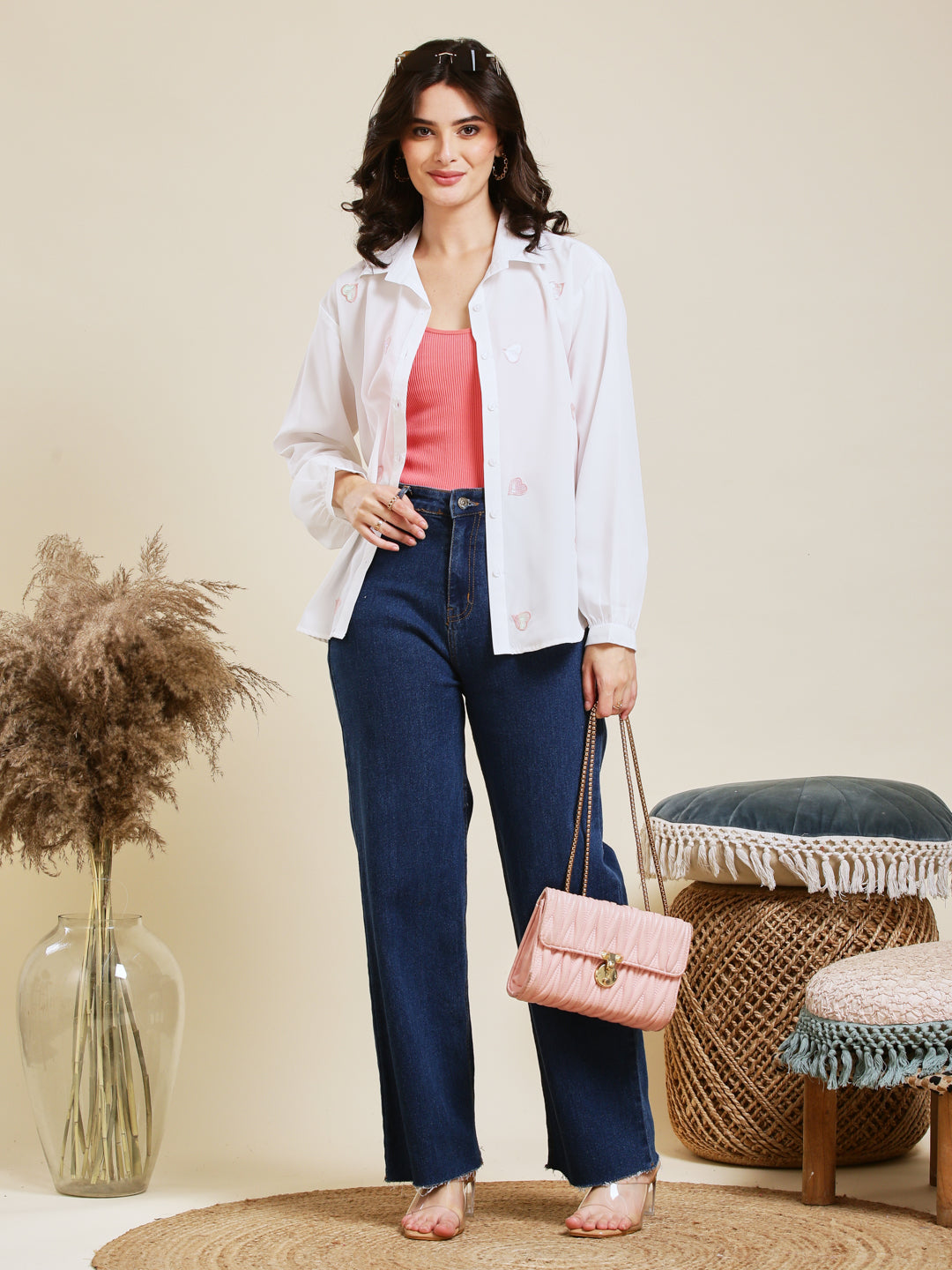 White Embroidered Full Sleeves Regular Crepe Shirt