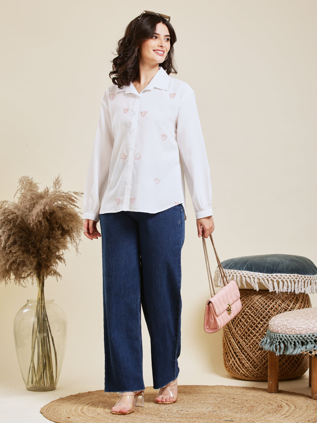White Embroidered Full Sleeves Regular Crepe Shirt