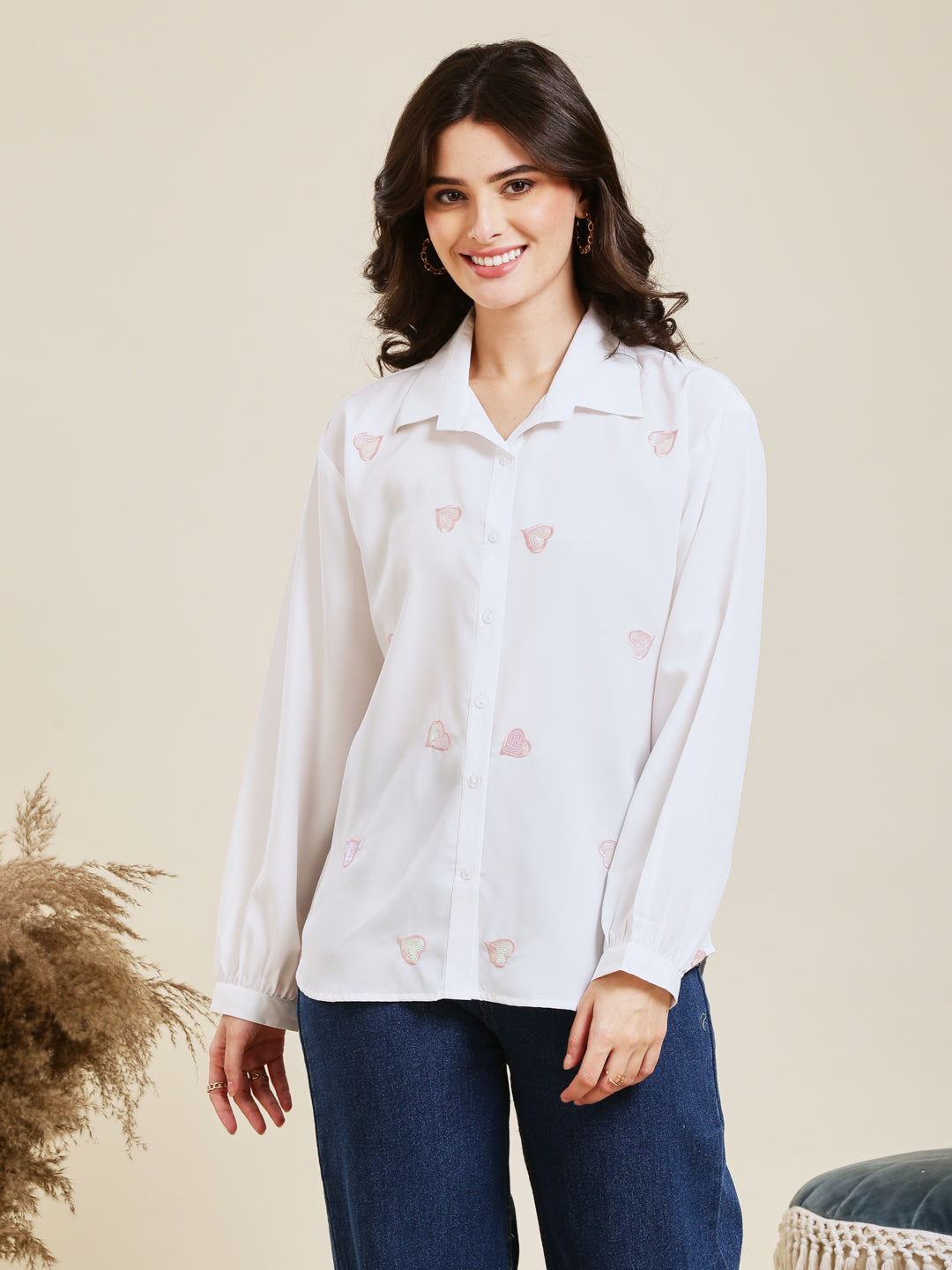 White Embroidered Full Sleeves Regular Crepe Shirt