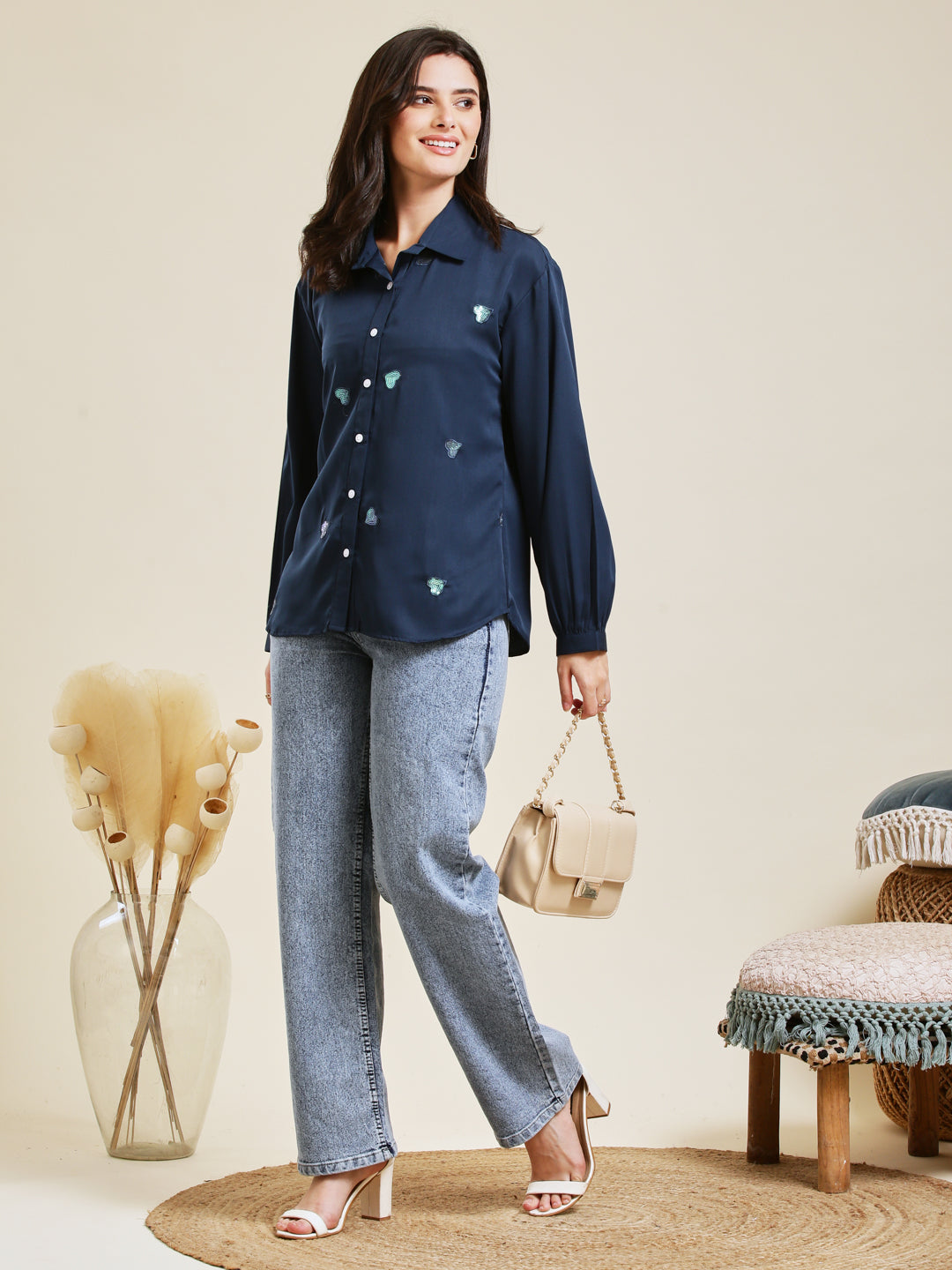 Navy Blue Embroidered Full Sleeves Regular Crepe Shirt