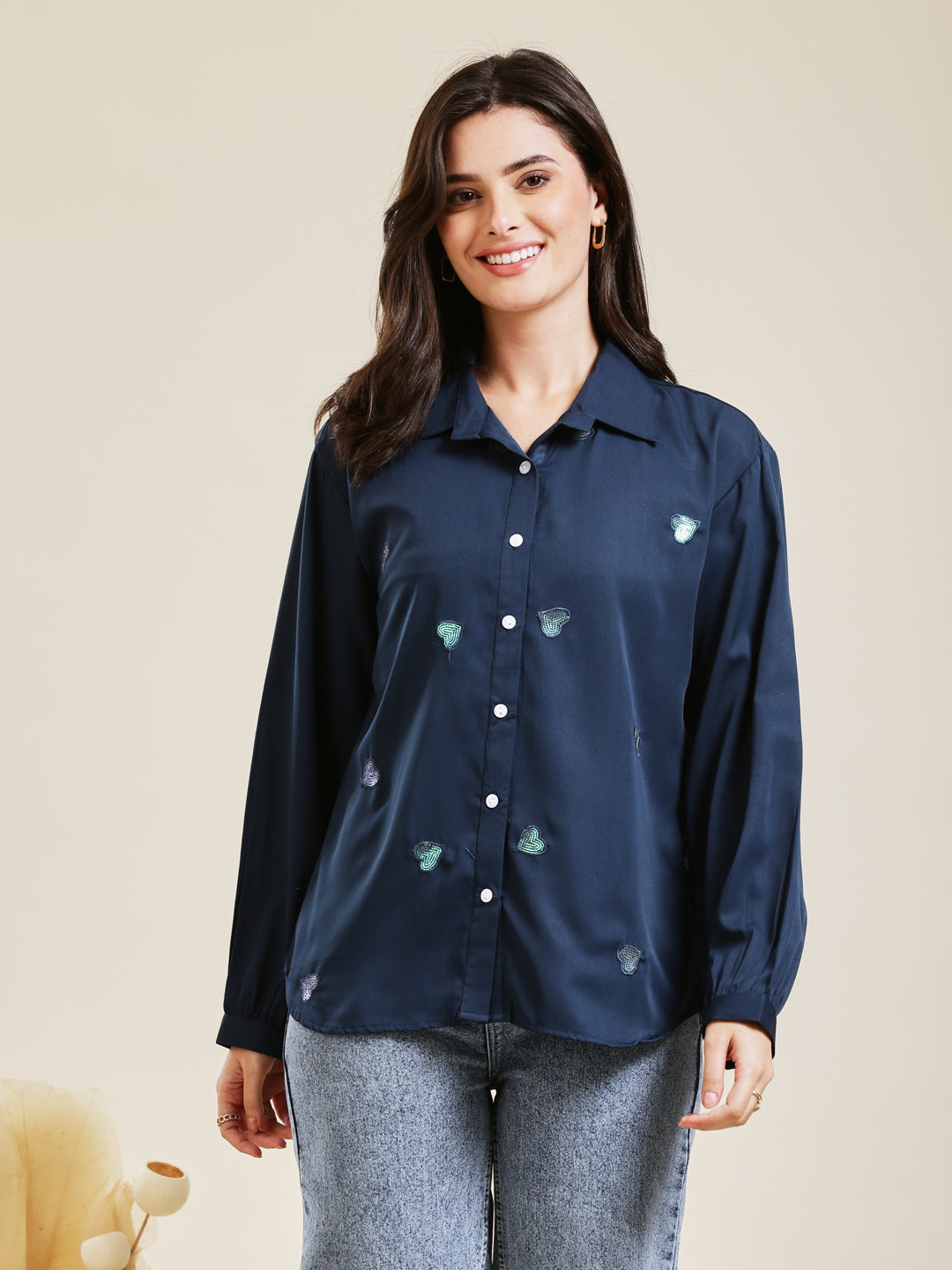 Navy Blue Embroidered Full Sleeves Regular Crepe Shirt